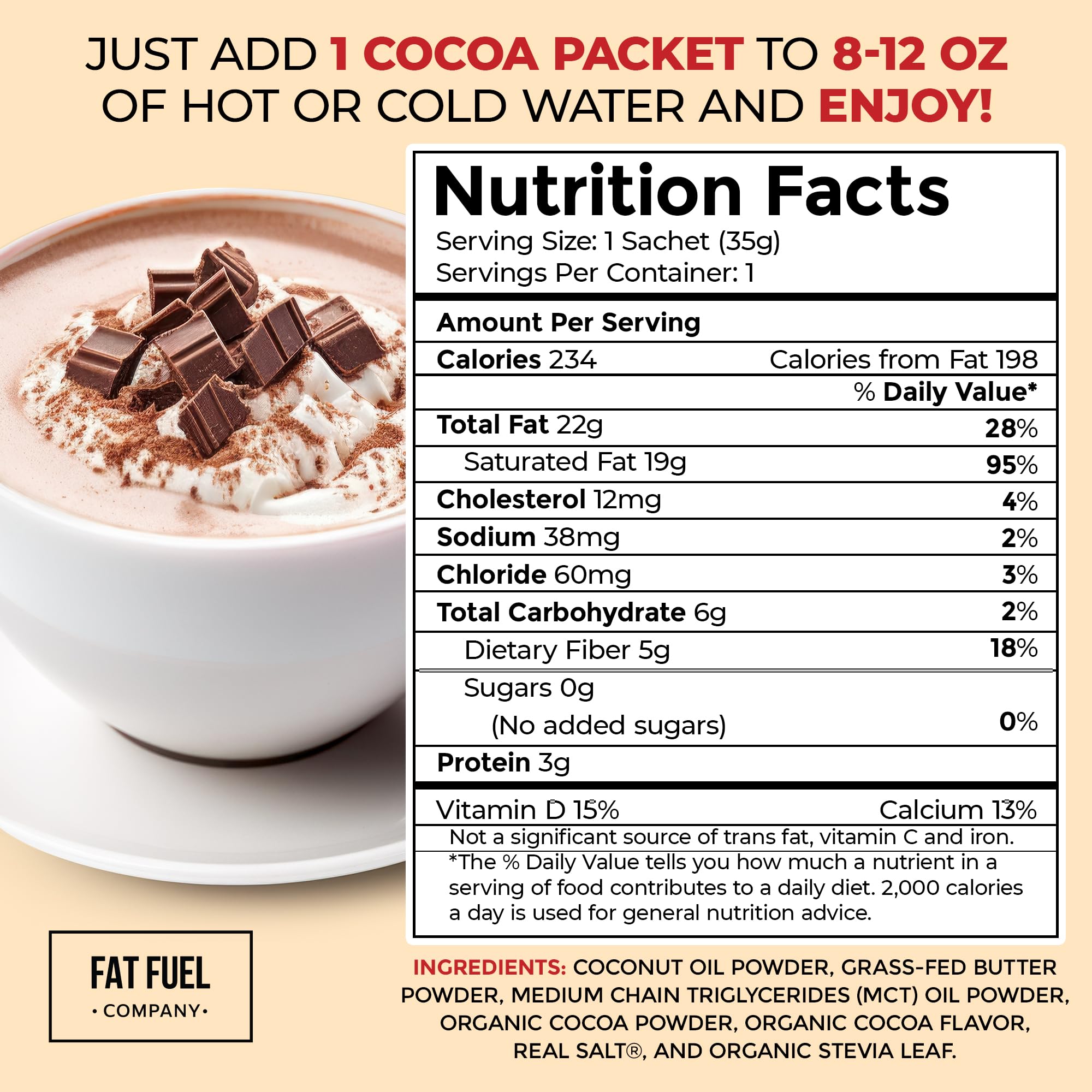 Fat Fuel Keto Cocoa con mantequilla de pasto para sabor rico.