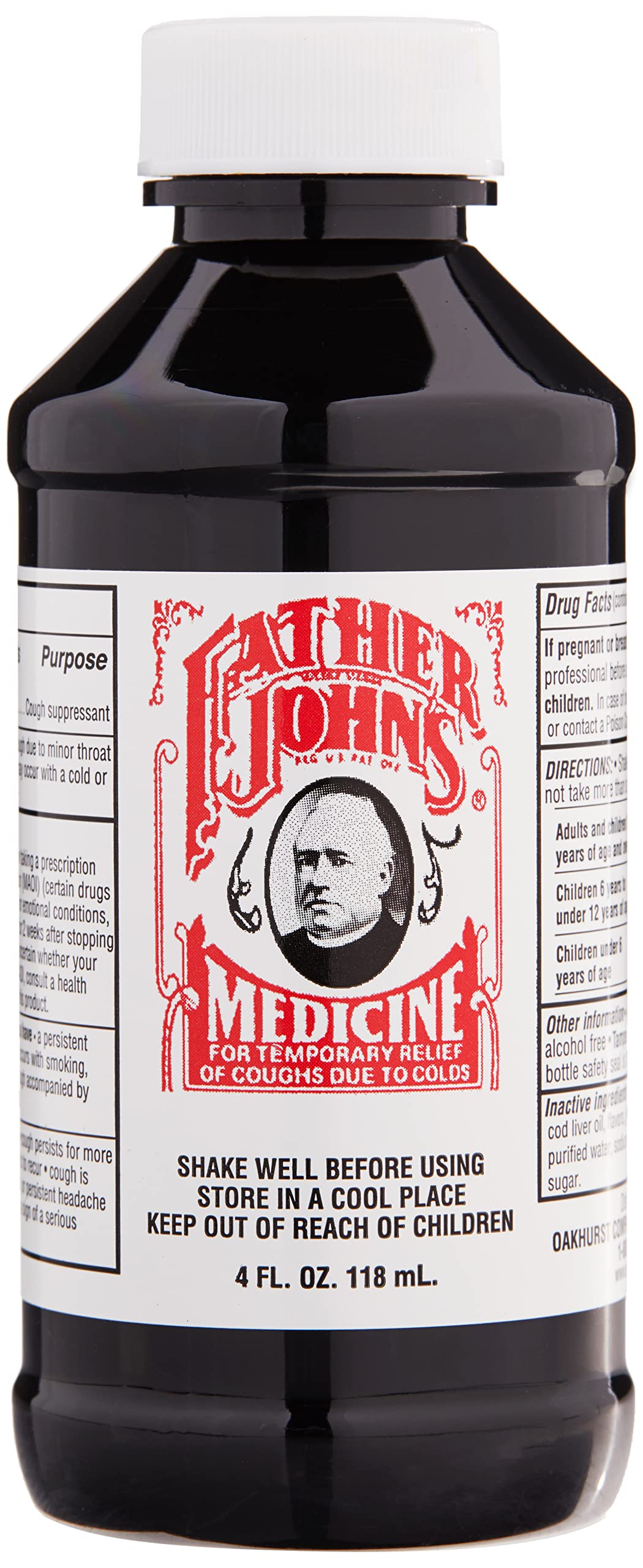 la marca Father John's frasco-4-onzas sin alcohol para la tos, fácil de usar.