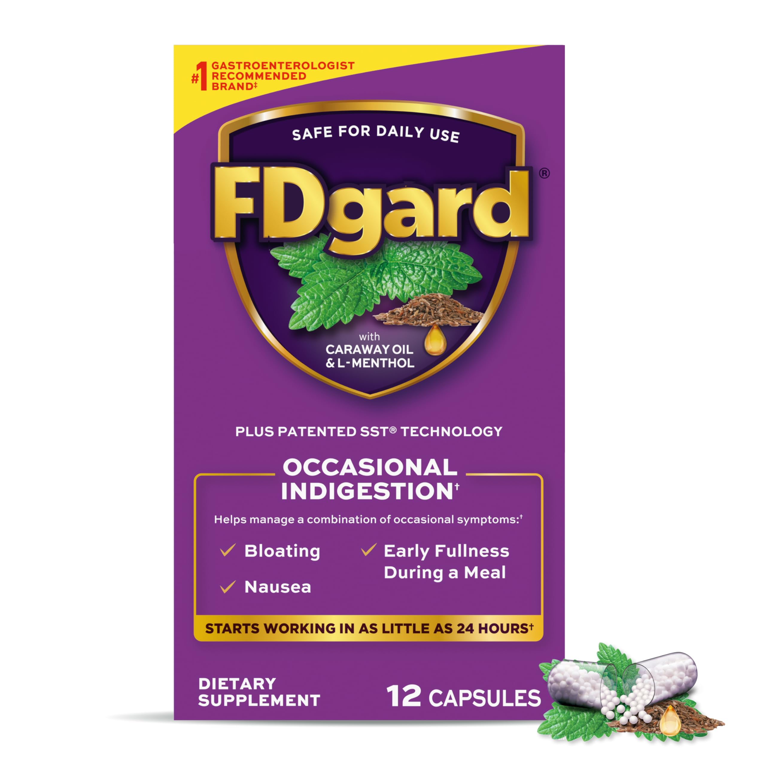 FDgard: botella de cápsulas 12 unidades para apoyo digestivo tras la comida.