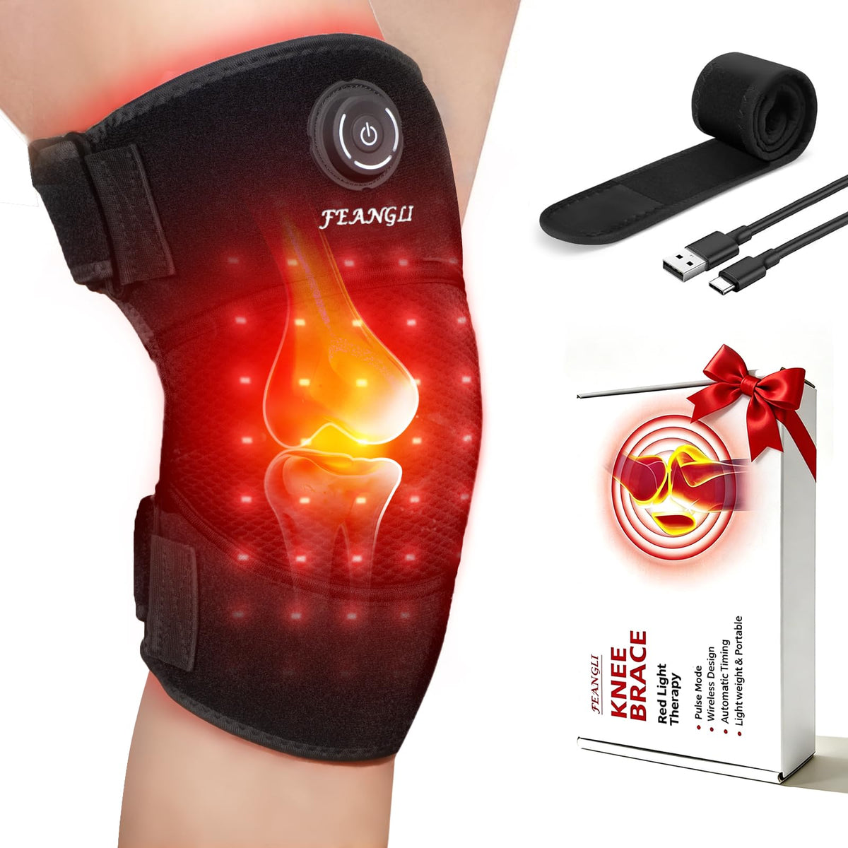 Rodillera Feangli con luz roja inalámbrica para alivio potencial de la rodilla