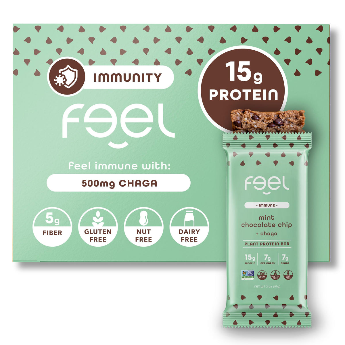 Feel Vegan Bar mentas con chispas de chocolate, snack refrescante para energía diaria.