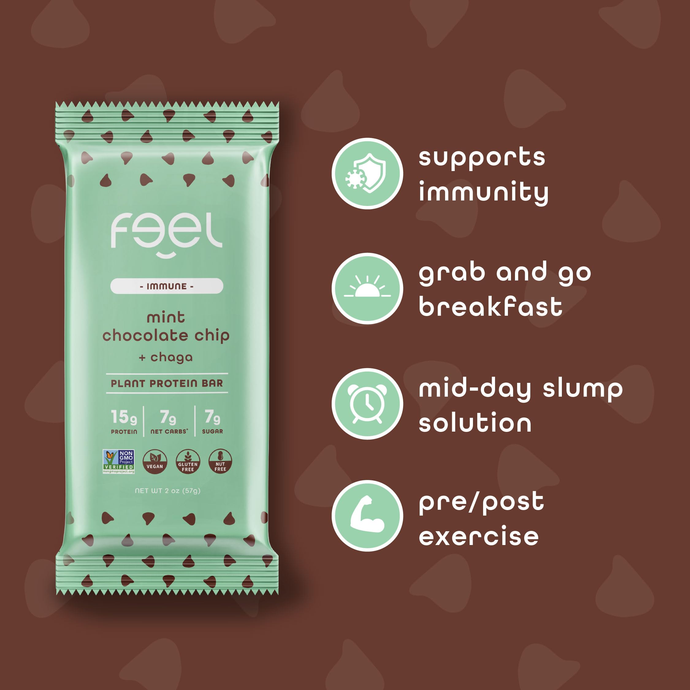 Feel Vegan Bar mentas con chispas de chocolate, snack para viajar.