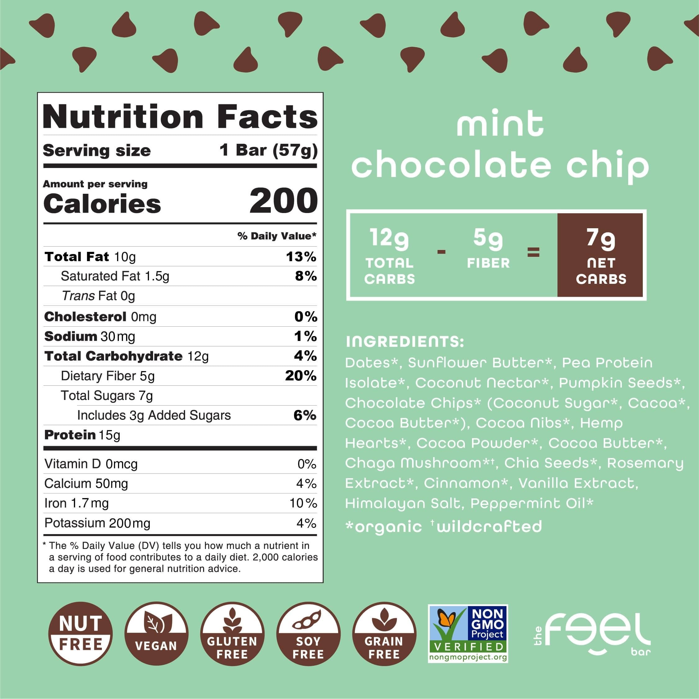 Feel Vegan Bar mentas con chispas de chocolate, sabor intenso y limpio.