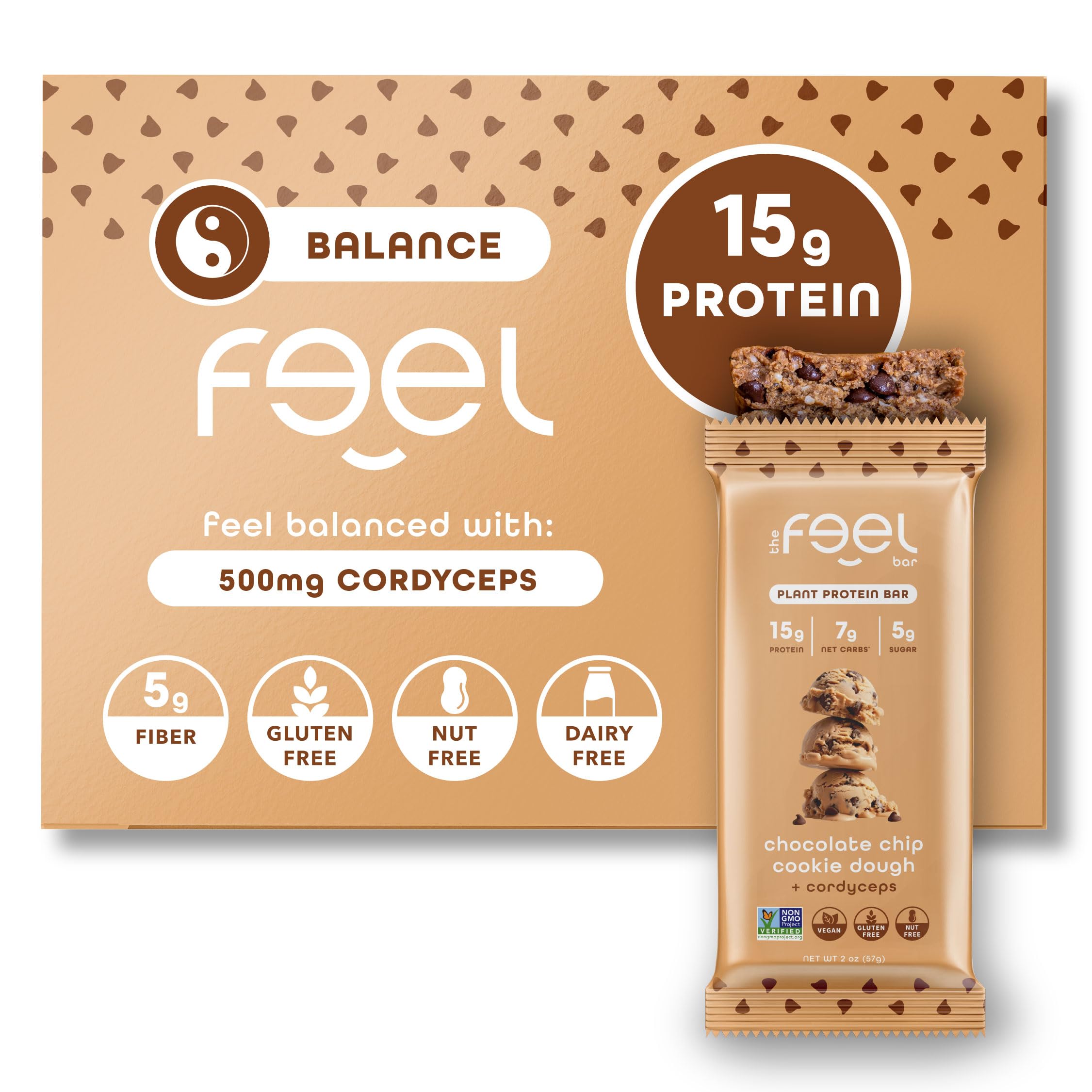 FEEL Barra vegana Balance con cordyceps, empaque práctico para viaje activo.