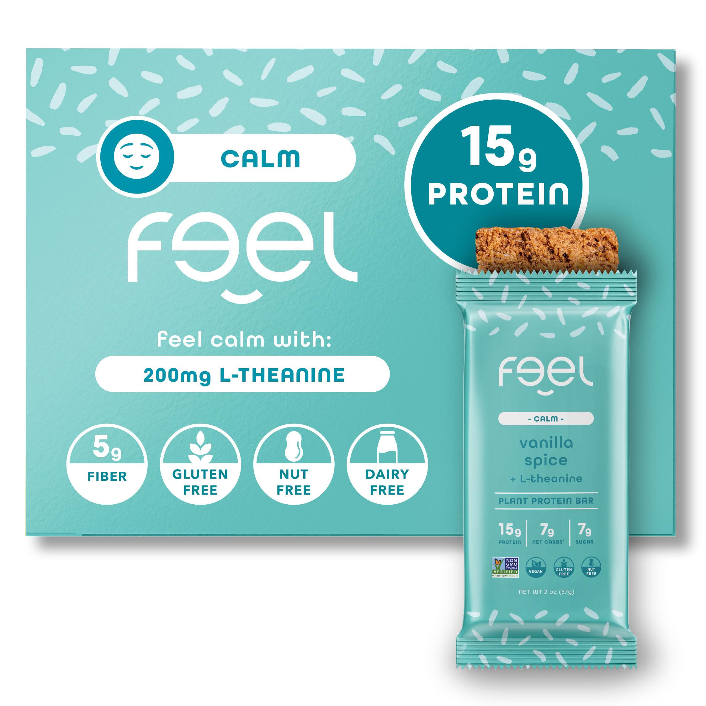 Barras Feel proteina vegana en caja, snack saludable para energía sostenida.