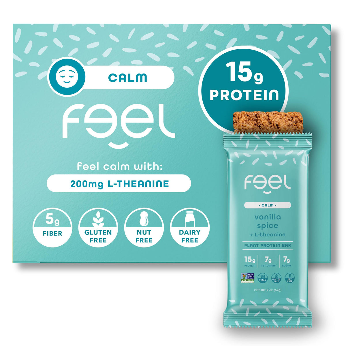 Barras Feel proteina vegana en caja, snack saludable para energía sostenida.