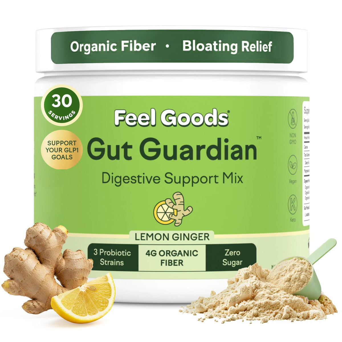 Feel Goods Gut Guardian: botella limon-jengibre para apoyo digestivo y sabor refrescante.