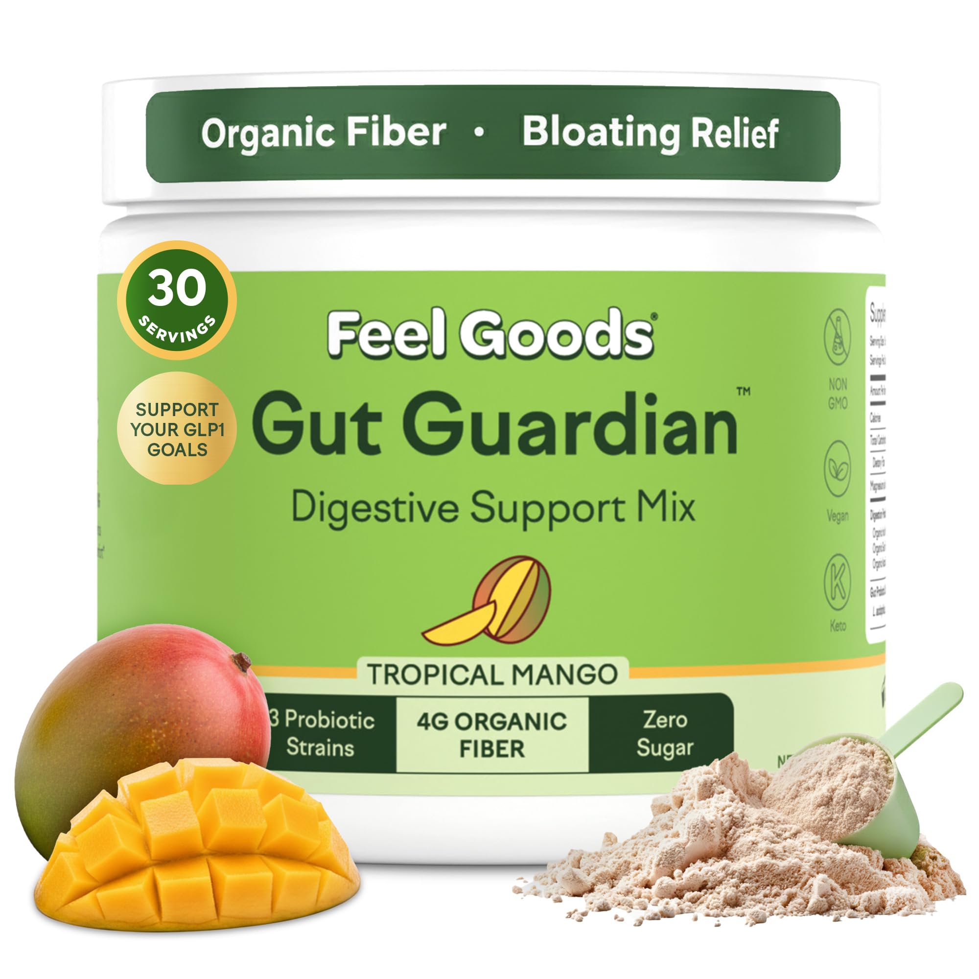 Gut Guardian de Feel Goods en empaque mango tropical, apoyo diario a la digestión.