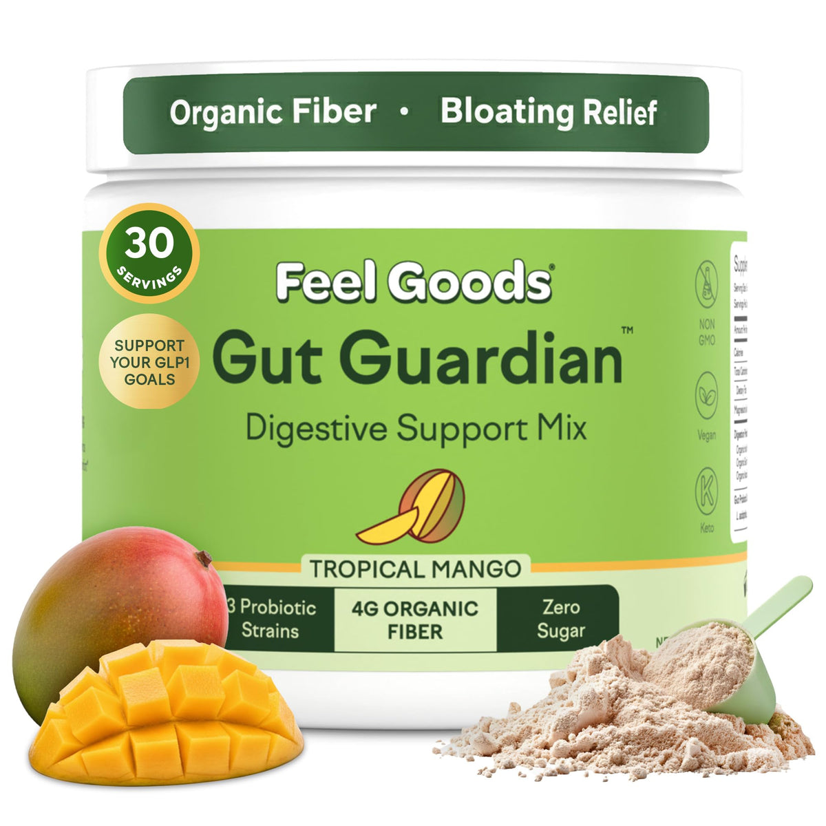 Gut Guardian de Feel Goods en empaque mango tropical, apoyo diario a la digestión.