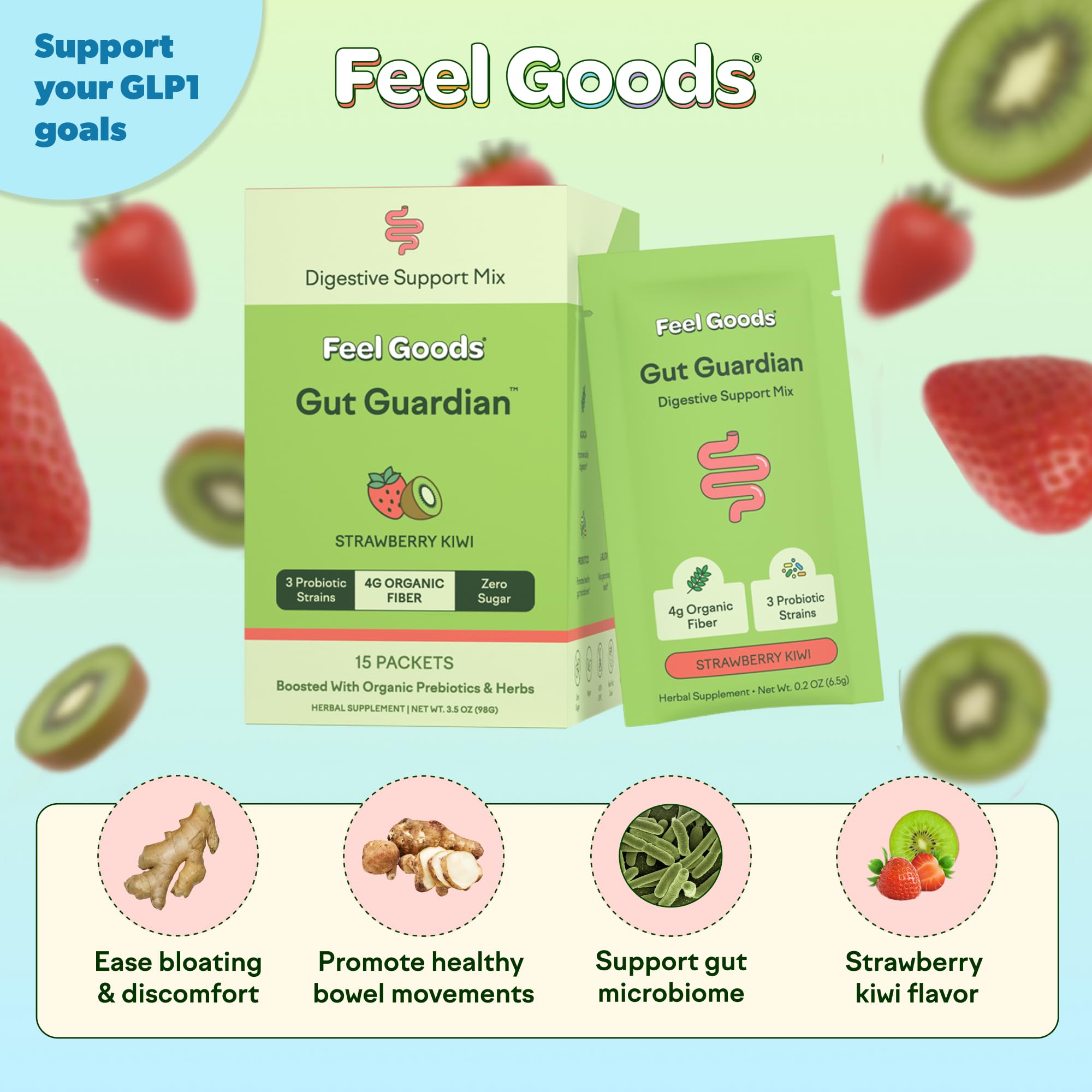 Feel Goods Gut Guardian: caja con 15 sobres para digestión conveniente durante viajes