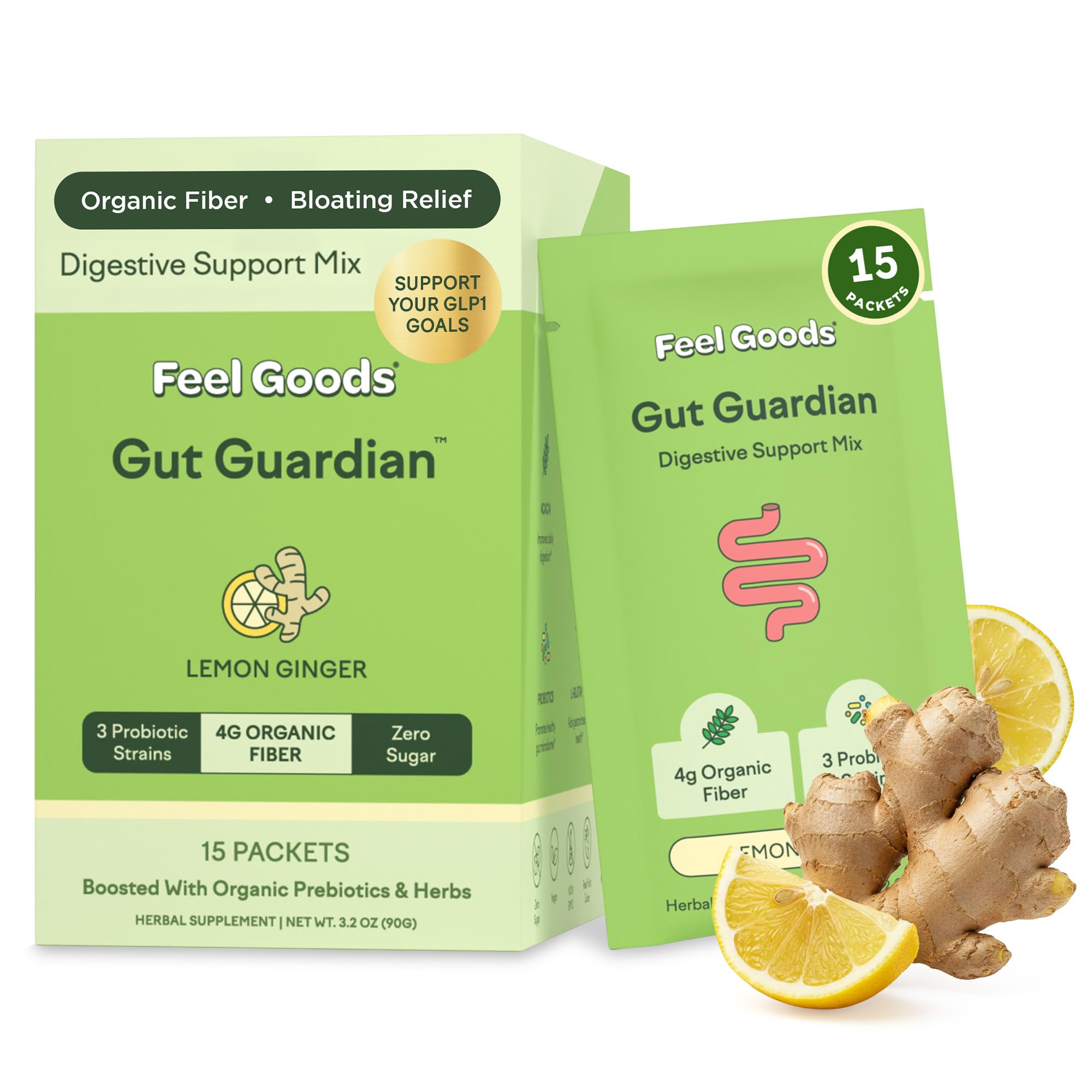 Feel Goods Gut Guardian: paquetes limon-jengibre para uso diario.
