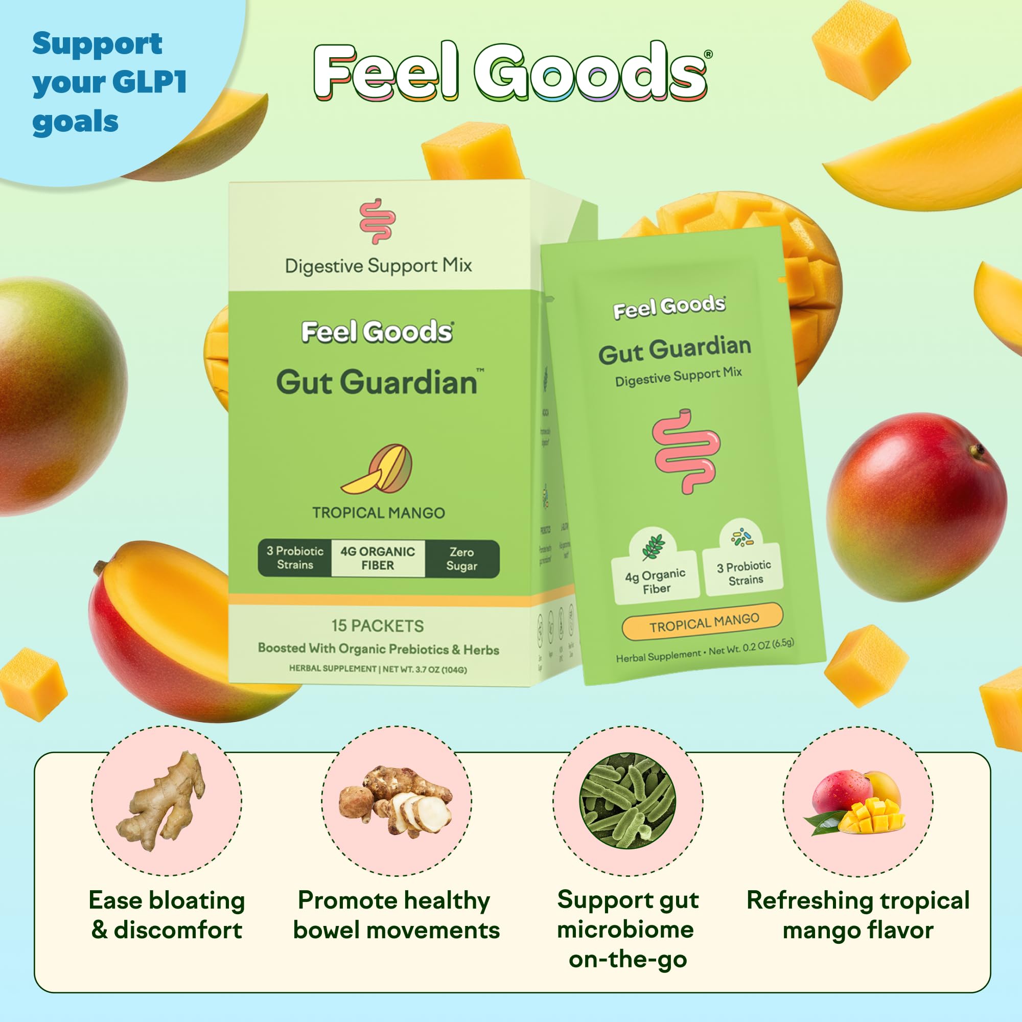 Feel Goods Gut Guardian polvo con fibra soluble y 4000 mg para apoyar movimientos intestinales suaves.