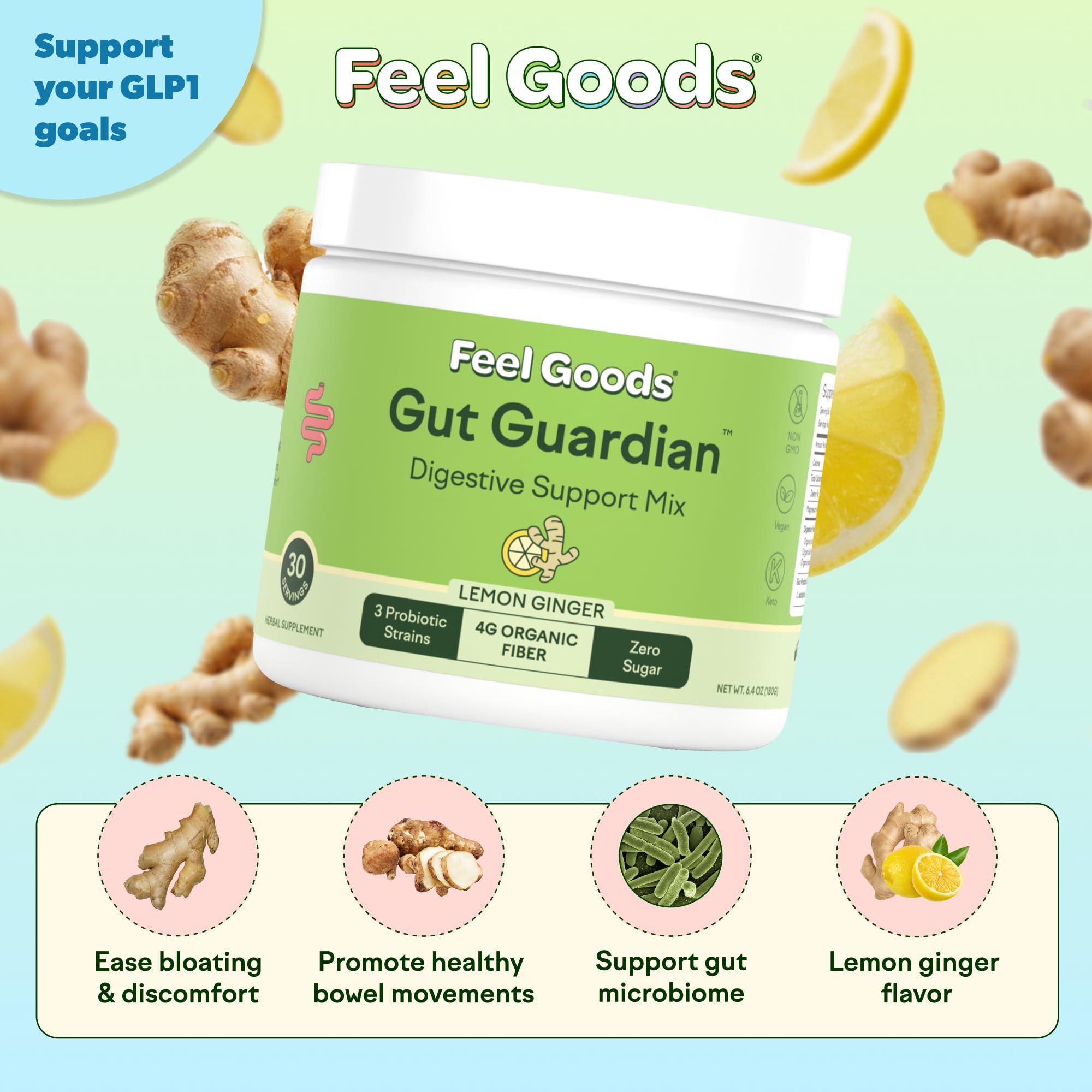 Feel Goods Gut Guardian: sobre digestivo limon-jengibre, dosis conveniente para la rutina diaria.