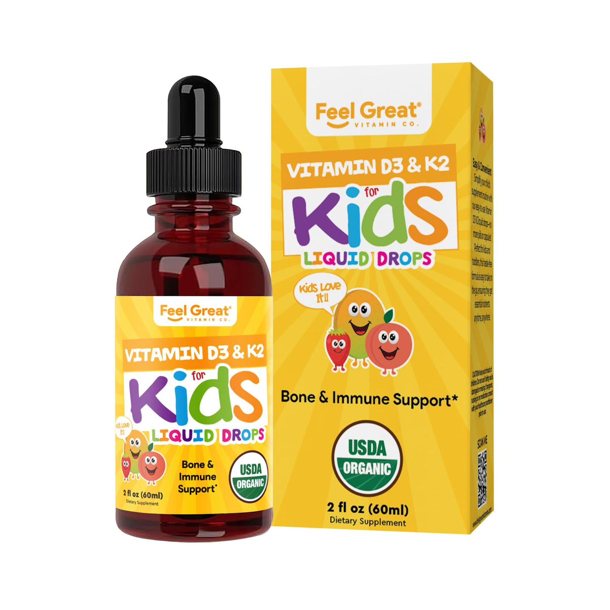 Feel Great Vitamina D3 K2: botella para dosis diarias que apoyan el desarrollo óseo.