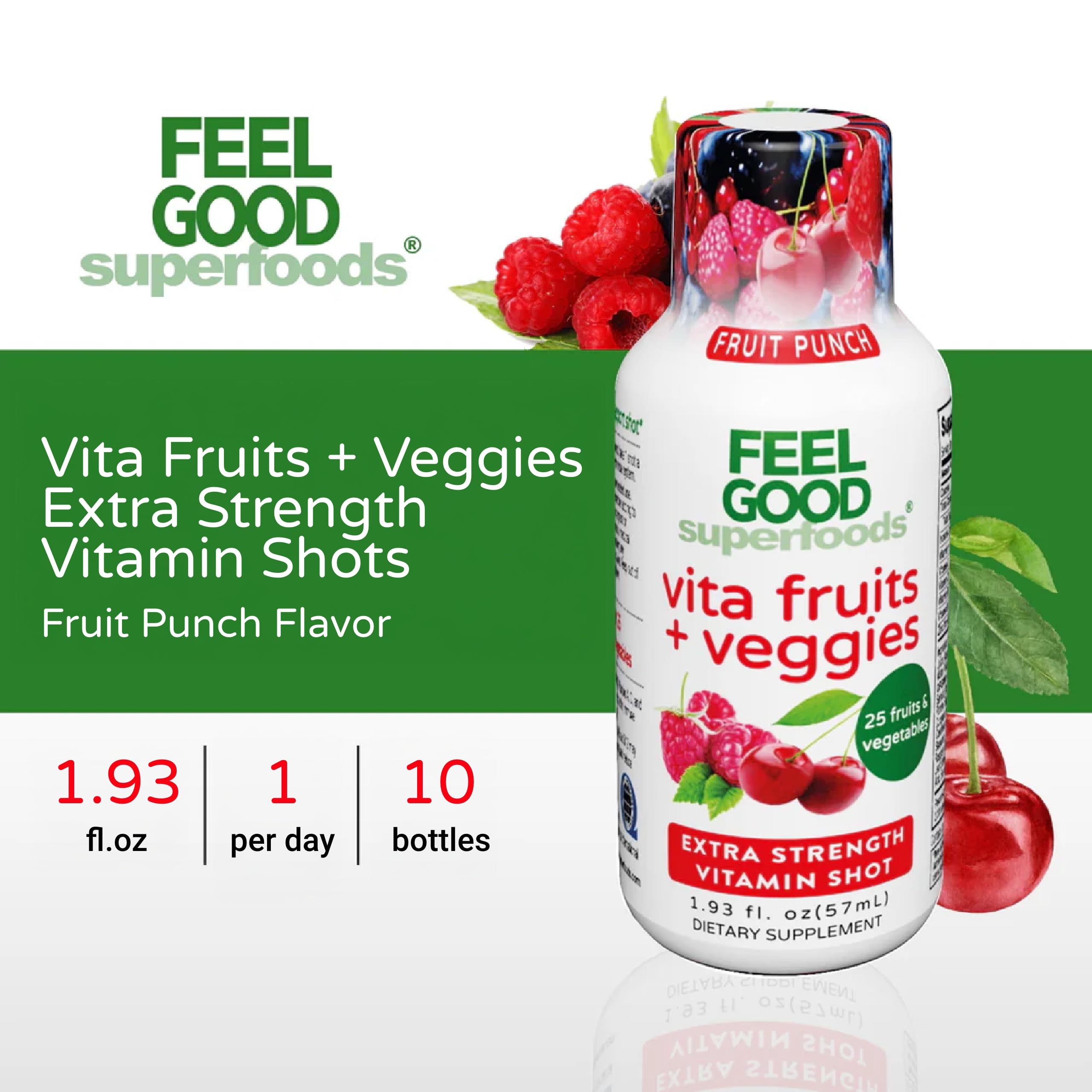 FeelGood Superfoods: etiqueta de la botella Fruta Punch, enfoque en la presentación para consumo directo.