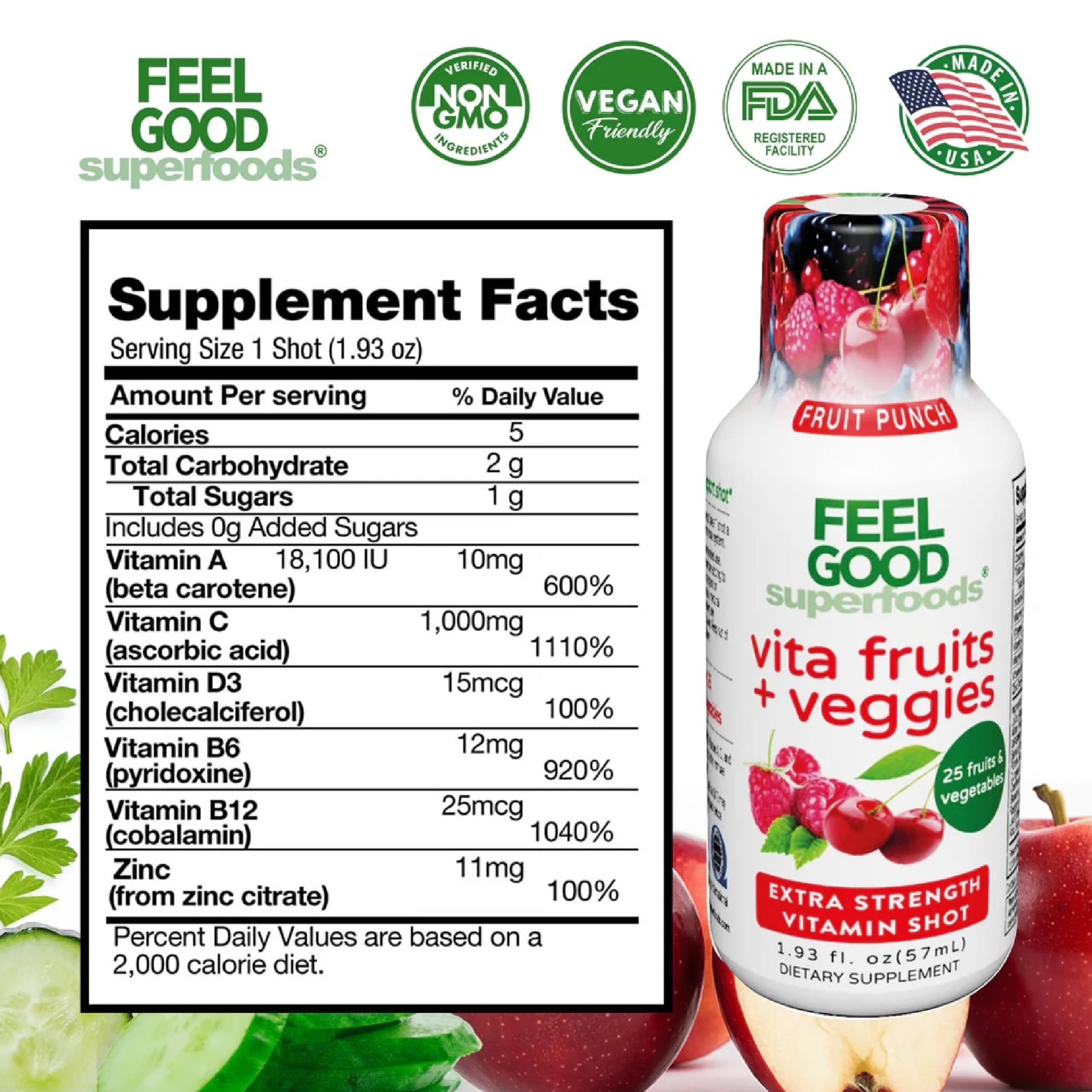 FeelGood Superfoods: etiqueta del producto Fruta Punch con detalle de ingredientes y usos, útil día a día.