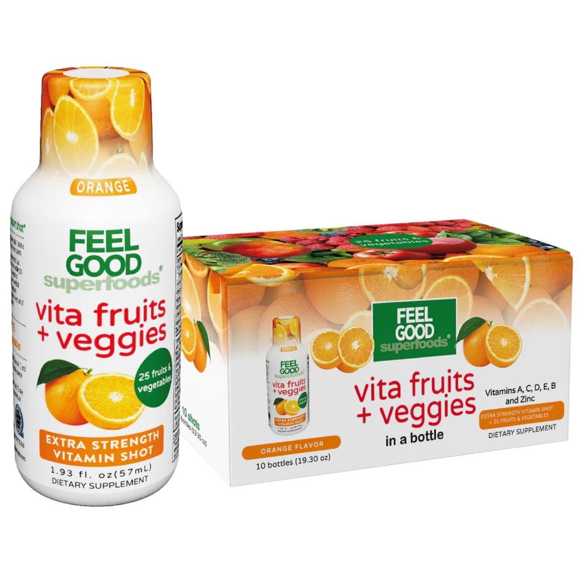 FeelGood Superfoods Shot Naranja botella, impulso diario vegano.