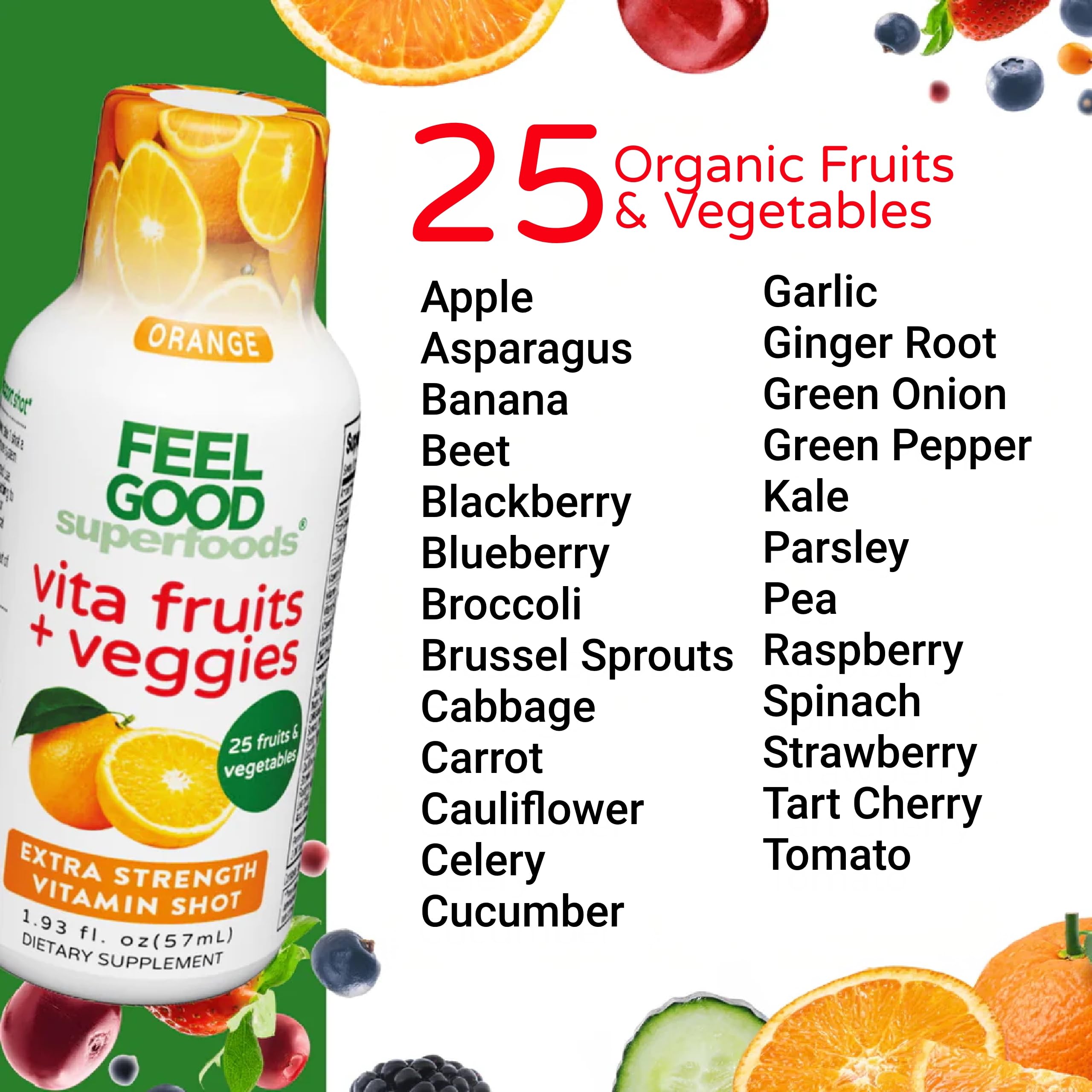 FeelGood Superfoods Shot Naranja empaque compacto y práctico.
