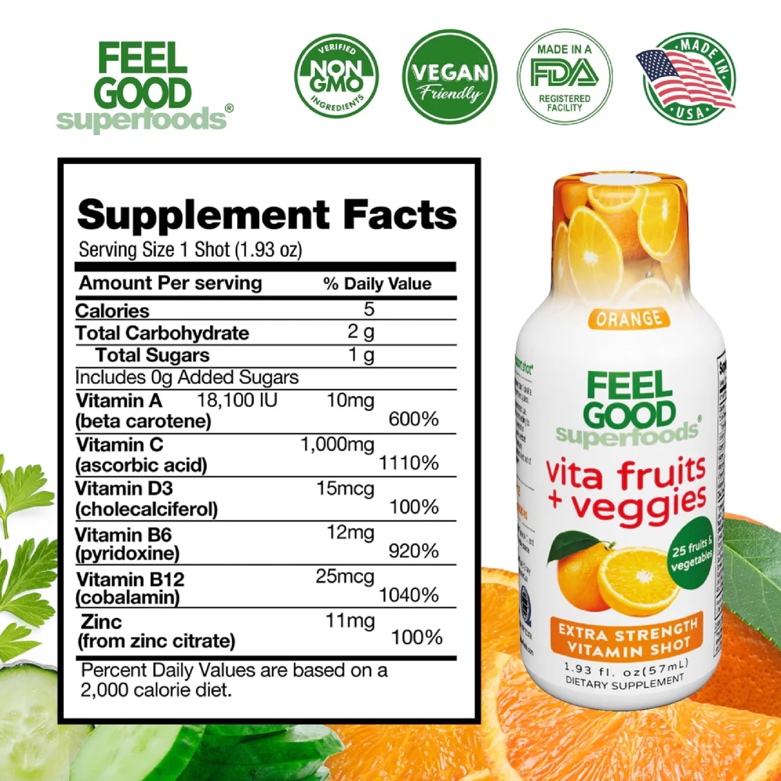 FeelGood Superfoods Shot Naranja etiqueta clara y atractiva.