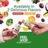 FeelGood Superfoods Shot Naranja sabor fresco y agradable.