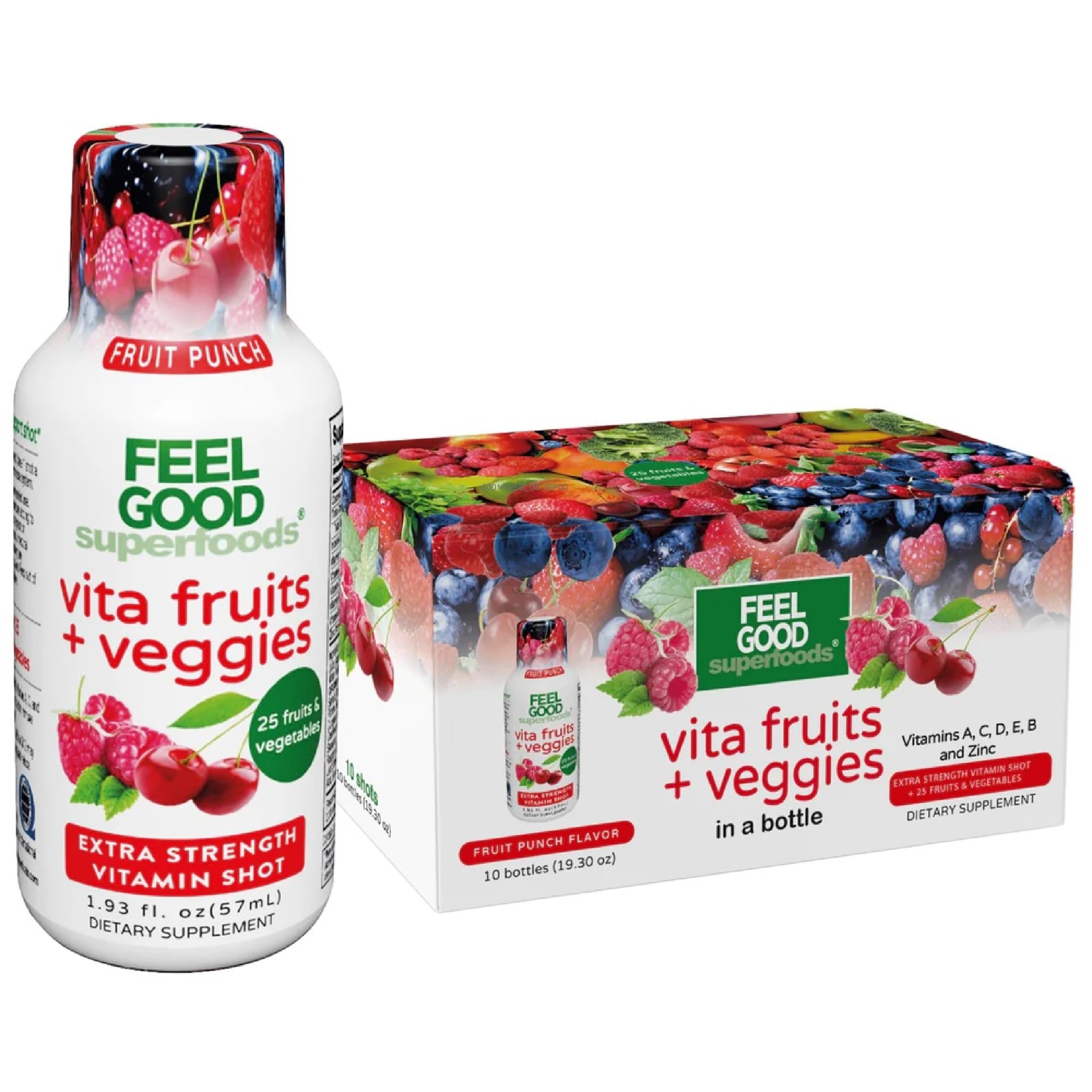 FeelGood Superfoods: botella del suplemento de apoyo inmunológico con sabor Fruta Punch, ideal para bienestar.
