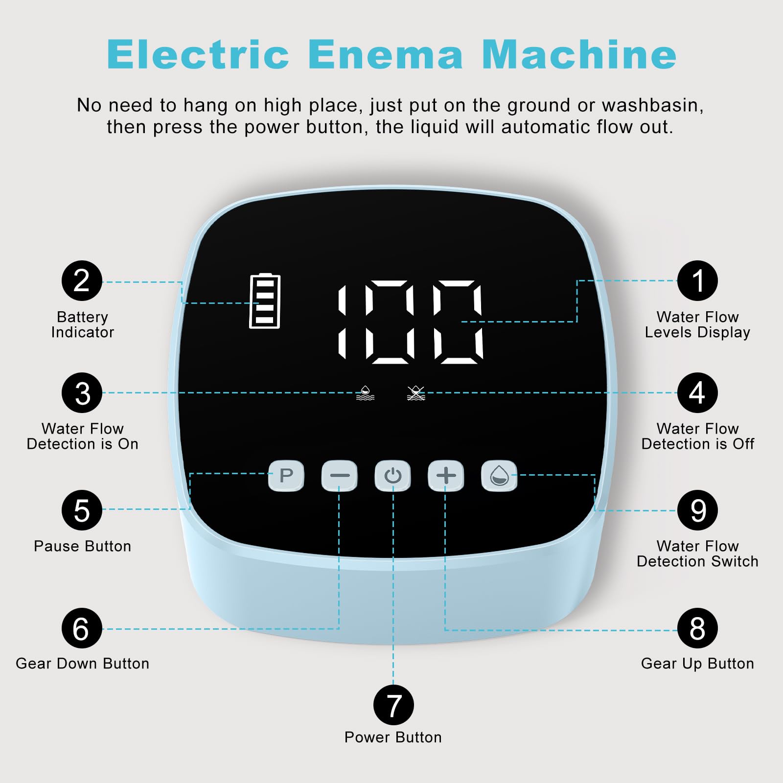 Feiorn enema kit con pantalla LCD para monitorear velocidad y batería