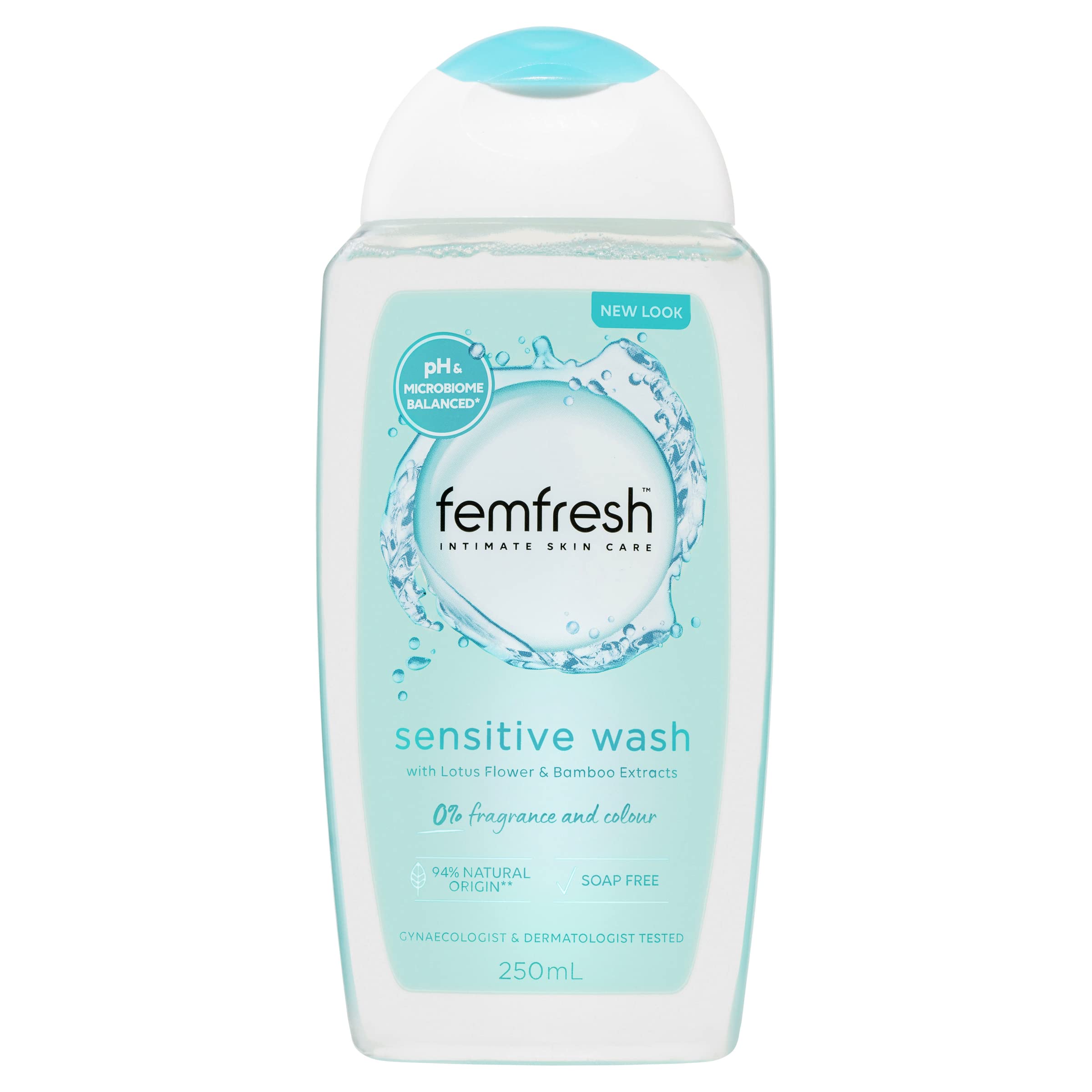 Femfresh Lavado Íntimo Sensitivo, botella de 250 ml para piel delicada.
