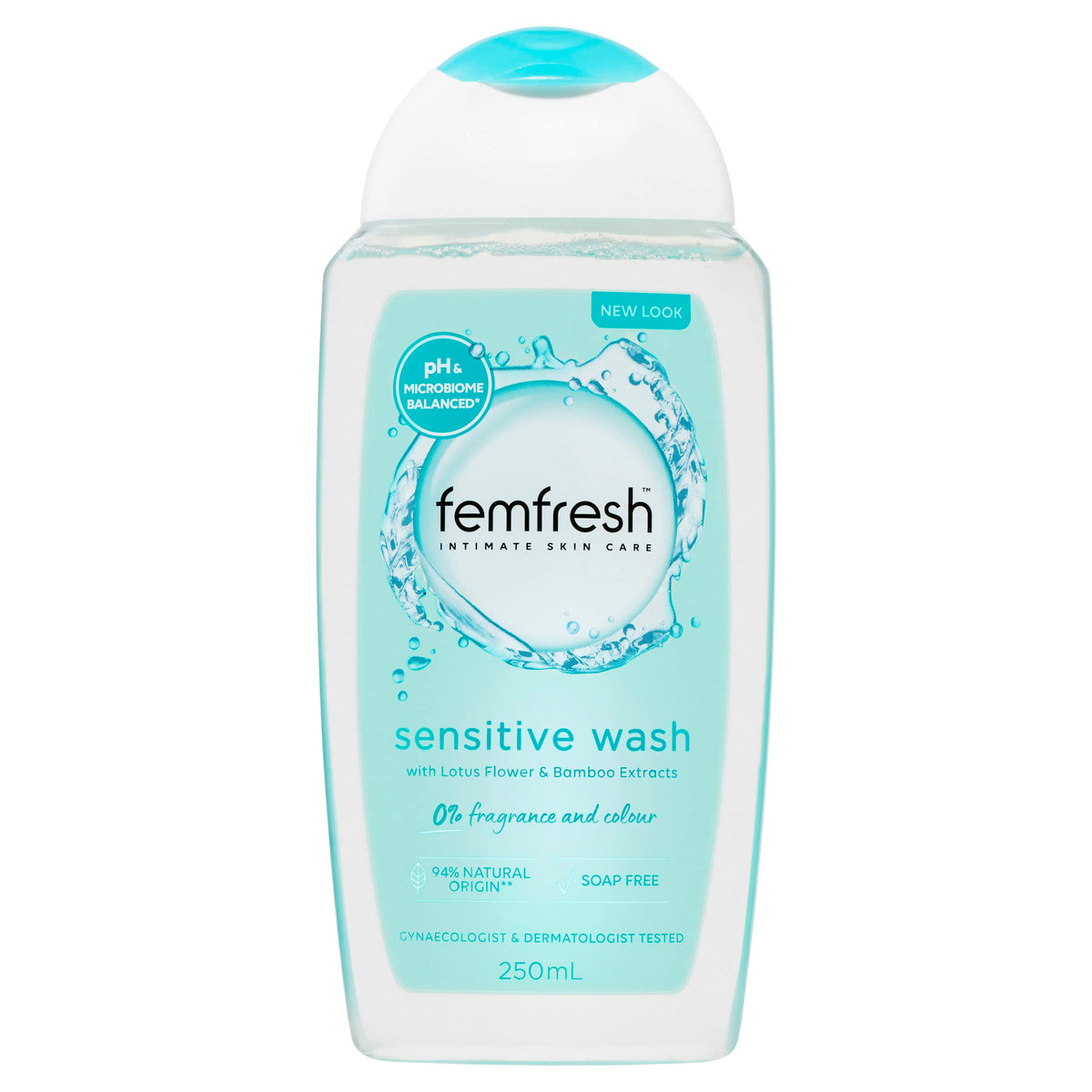 Femfresh Lavado Íntimo Sensitivo, botella de 250 ml para piel delicada.