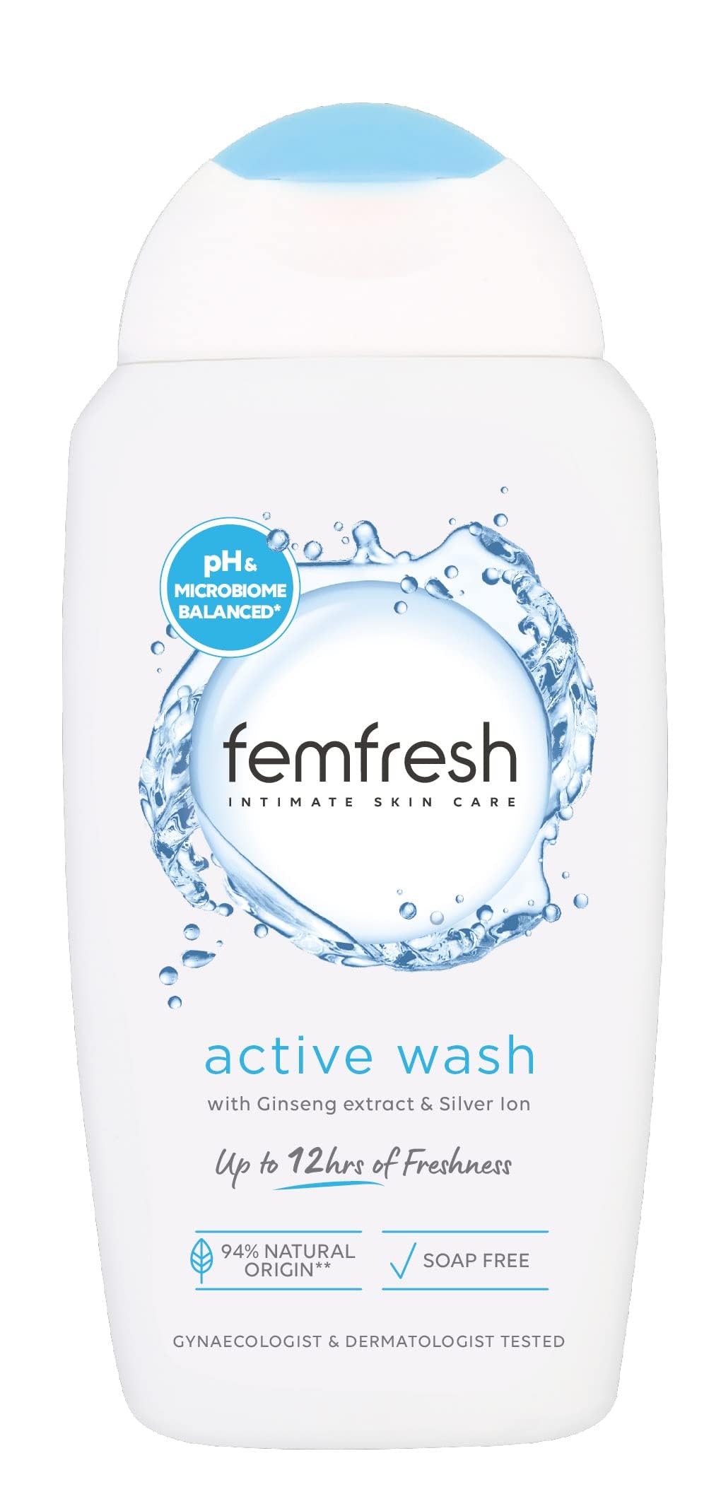 Uso diario de Femfresh Ultimate Care Wash en botella de 250 ml para higiene íntima suave.