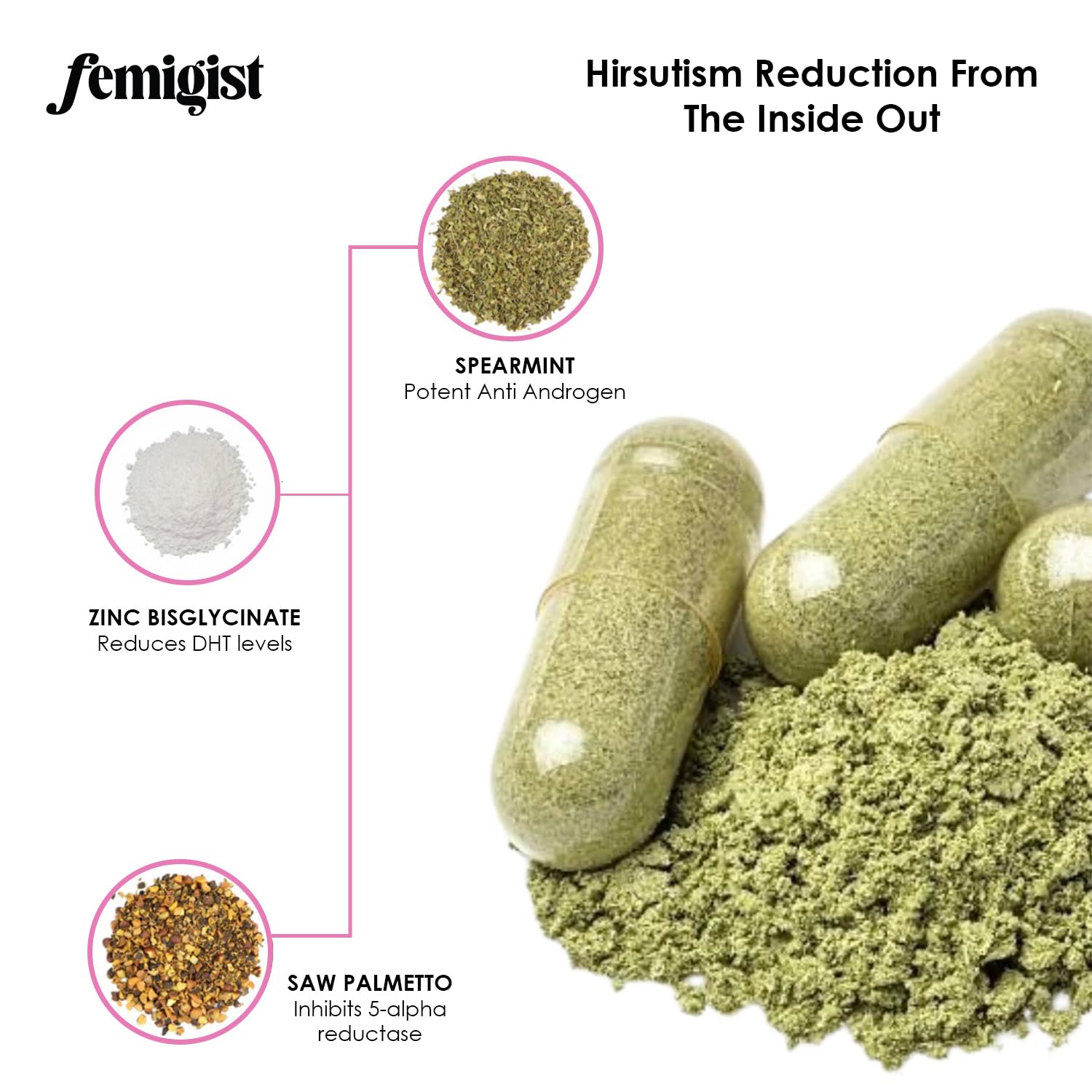Femigist Hersutism: cápsulas en mano, fácil consumo diario para balance hormonal.