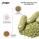 Femigist Hersutism: cápsulas en mano, fácil consumo diario para balance hormonal.