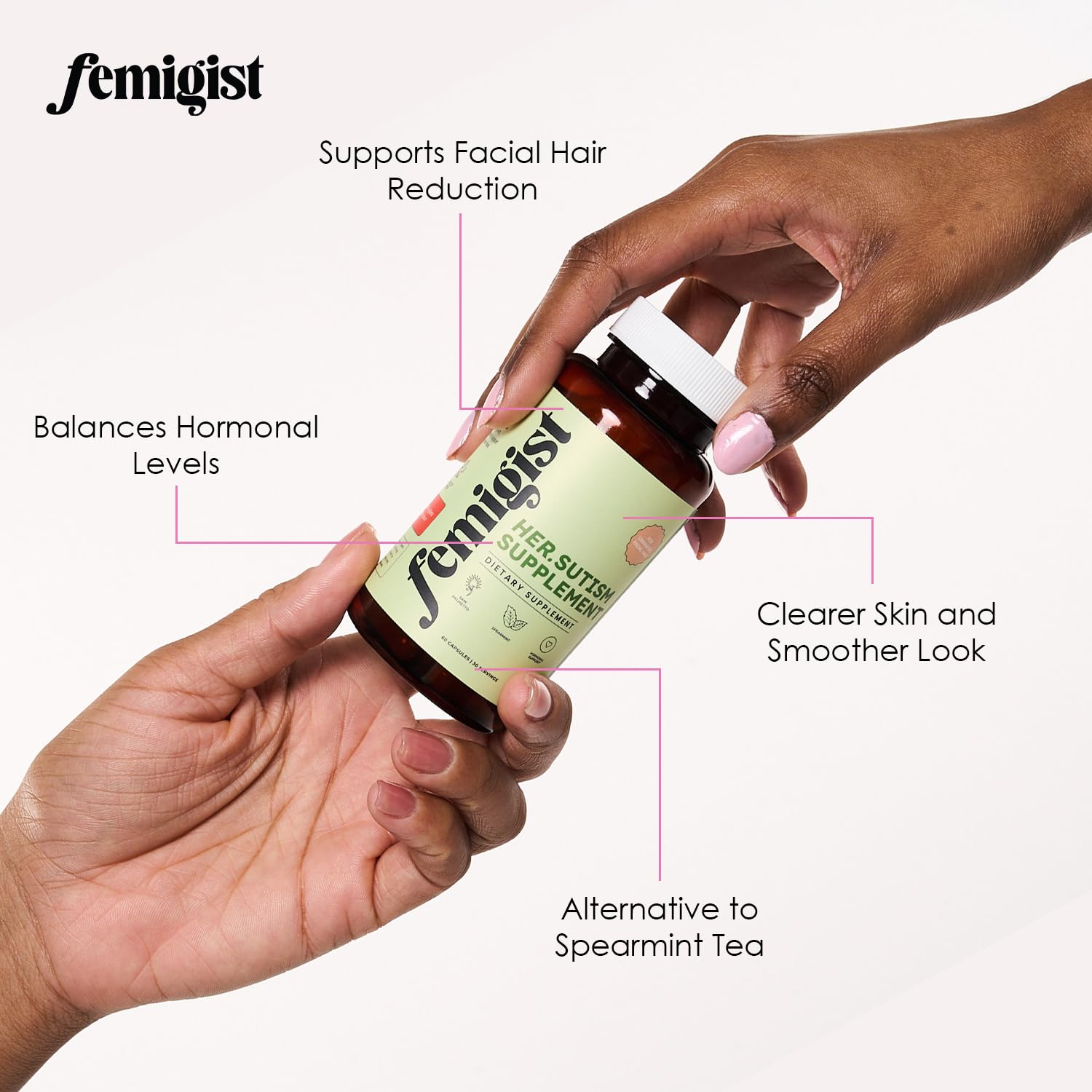 Femigist Hersutism: dosis de 800 mg resaltadas, destacando concentrado de menta.