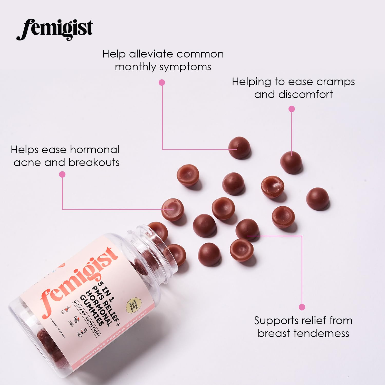 Sabor frutal de Femigist PMS Gummies para disfrutar diariamente.