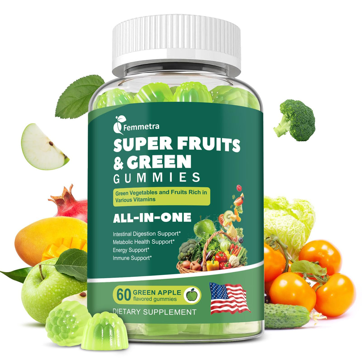 Femmetra 61-en-1 gomitas verdes para energía diaria y nutrición
