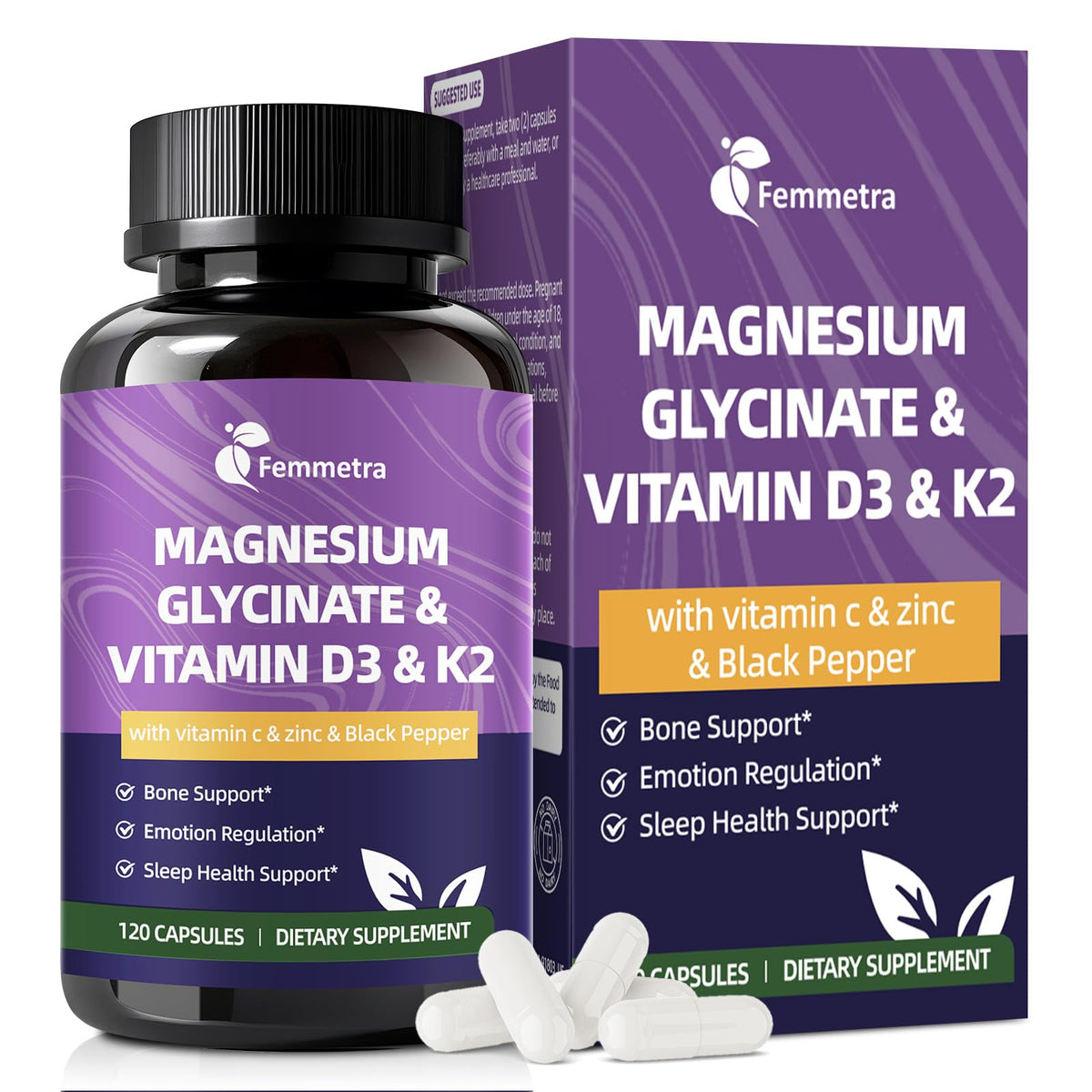 Femmetra Magnesium Glycinato 600 mg en botella, soporte óseo y energía diaria.