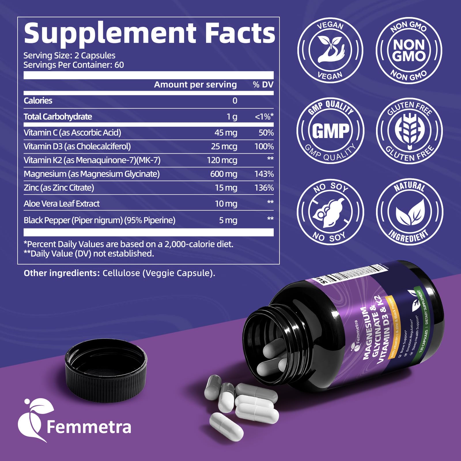 Cápsulas Femmetra Magnesium Glycinato, fáciles de tragar para uso diario.