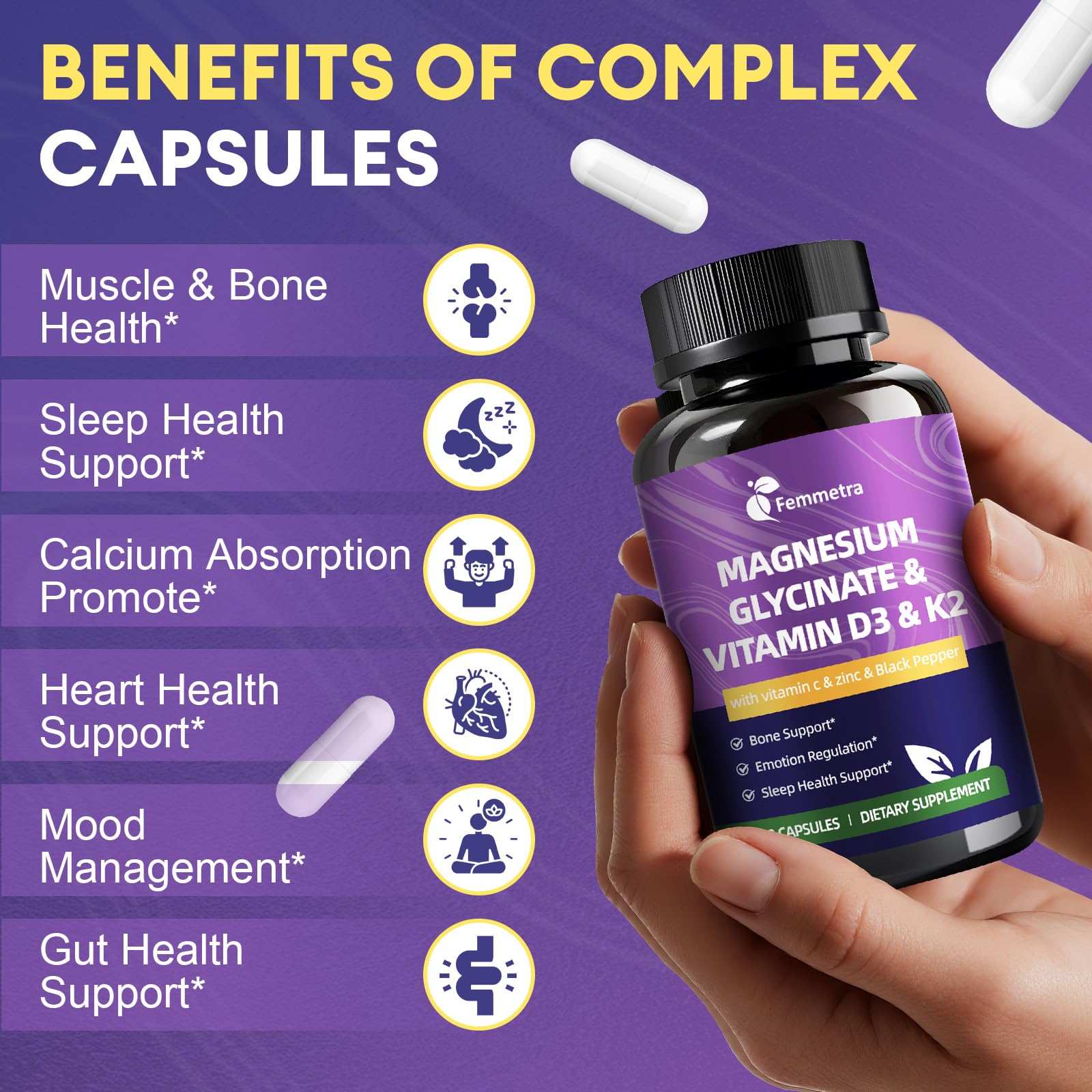 Cápsulas con zinc y vitamina C de Femmetra, favorecen la salud de tejidos.