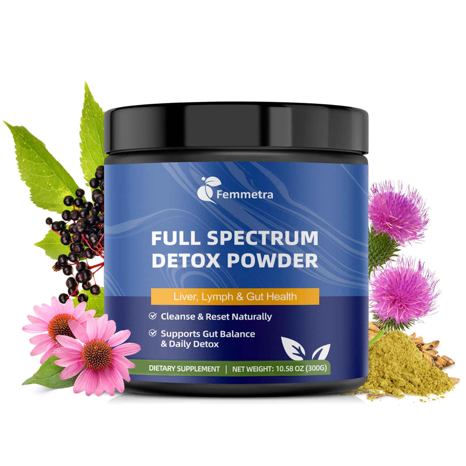 Femmetra Detox 29 en 1, envase de 300 g para uso diario.