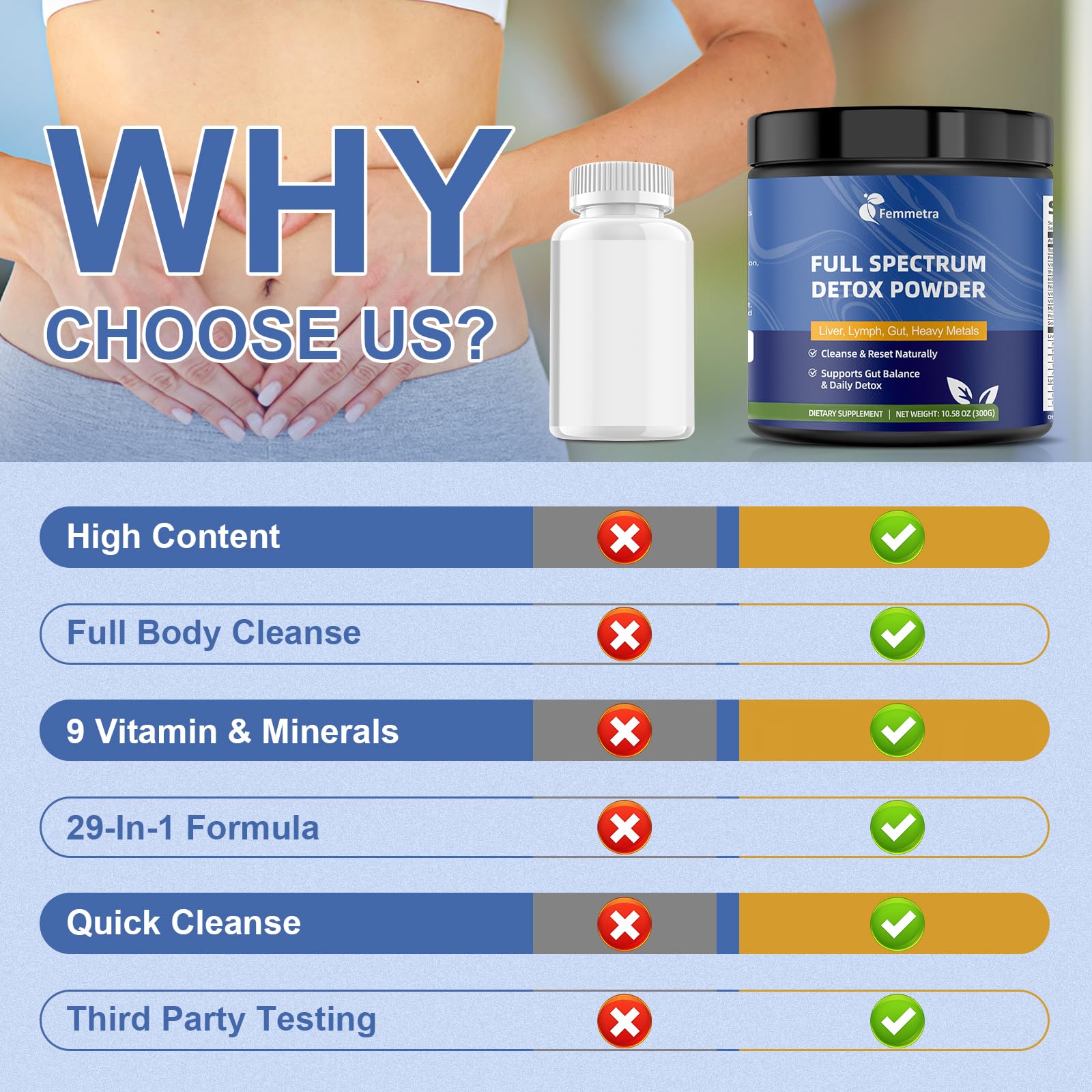 Femmetra Detox 29 en 1, zeolita y carbón activado para limpieza suave.