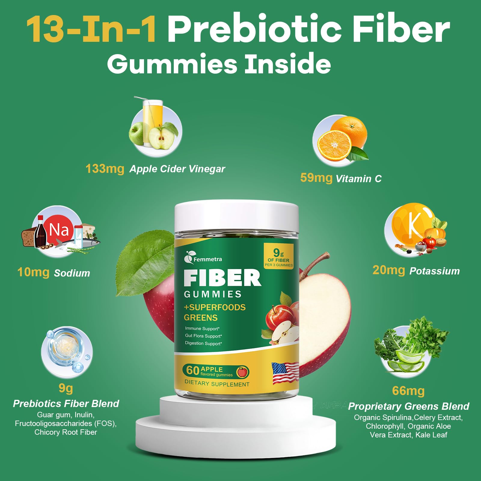 Inulina y guar en Femmetra, fibra prebiótica para apoyar bacterias intestinales.