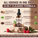 Femmetra Gotas detalle de etiqueta con artemisa, nuez negra y clavo para limpieza intestinal.