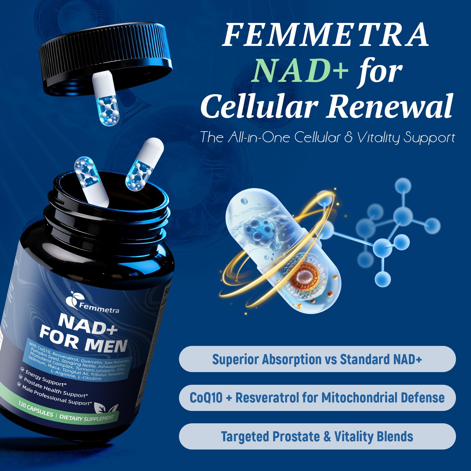 Femmetra NAD+ mejora flujo urinario y bienestar general.