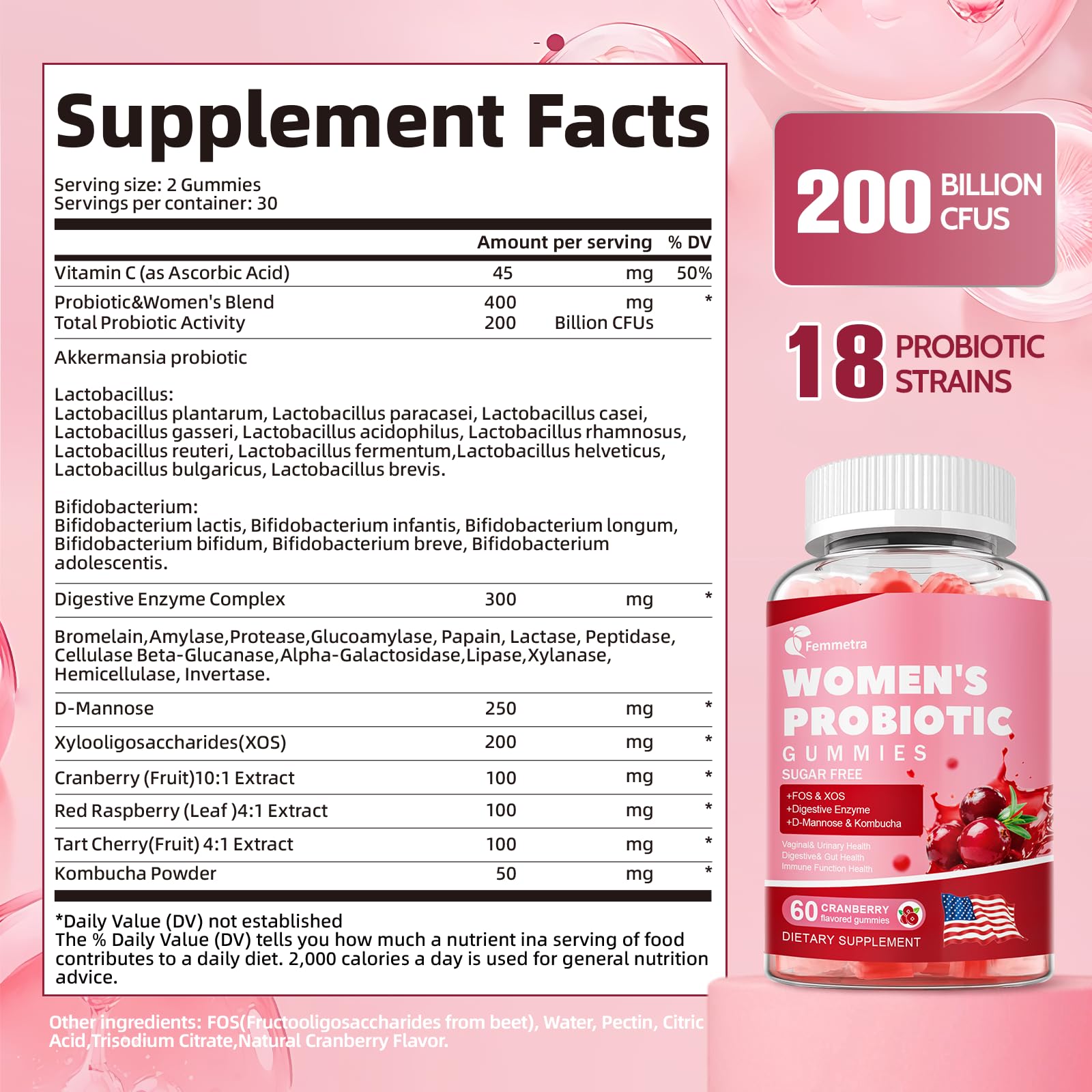 Femmetra Probiotics ofrece 60 gomitas para un suministro de 30 días.