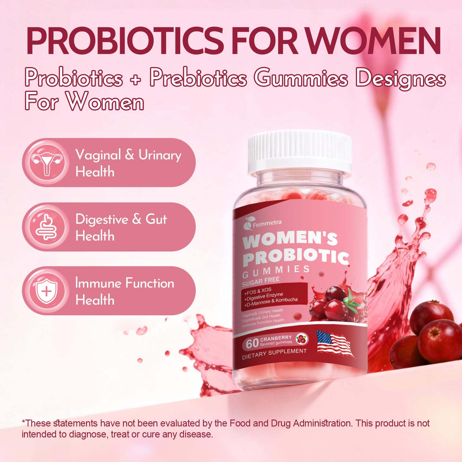 Gomitas de Femmetra Probiotics, textura suave y sabor a arándano para consumo diario.