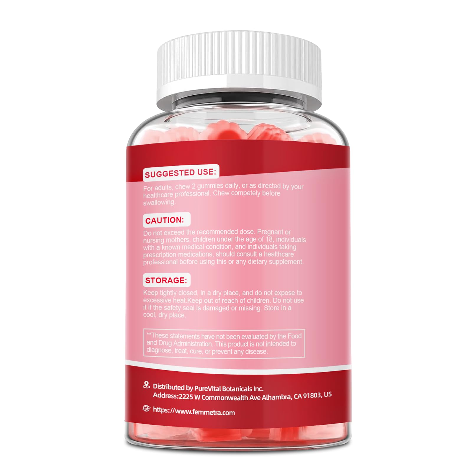 Femmetra Probiotics uso diario sencillo con dos gomitas.