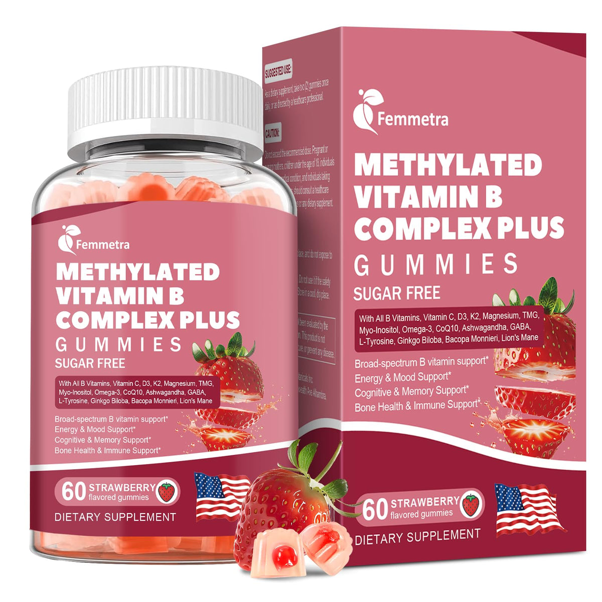 Femmetra Ultra B Complex, botella visible, apoyo diario para energía y bienestar.