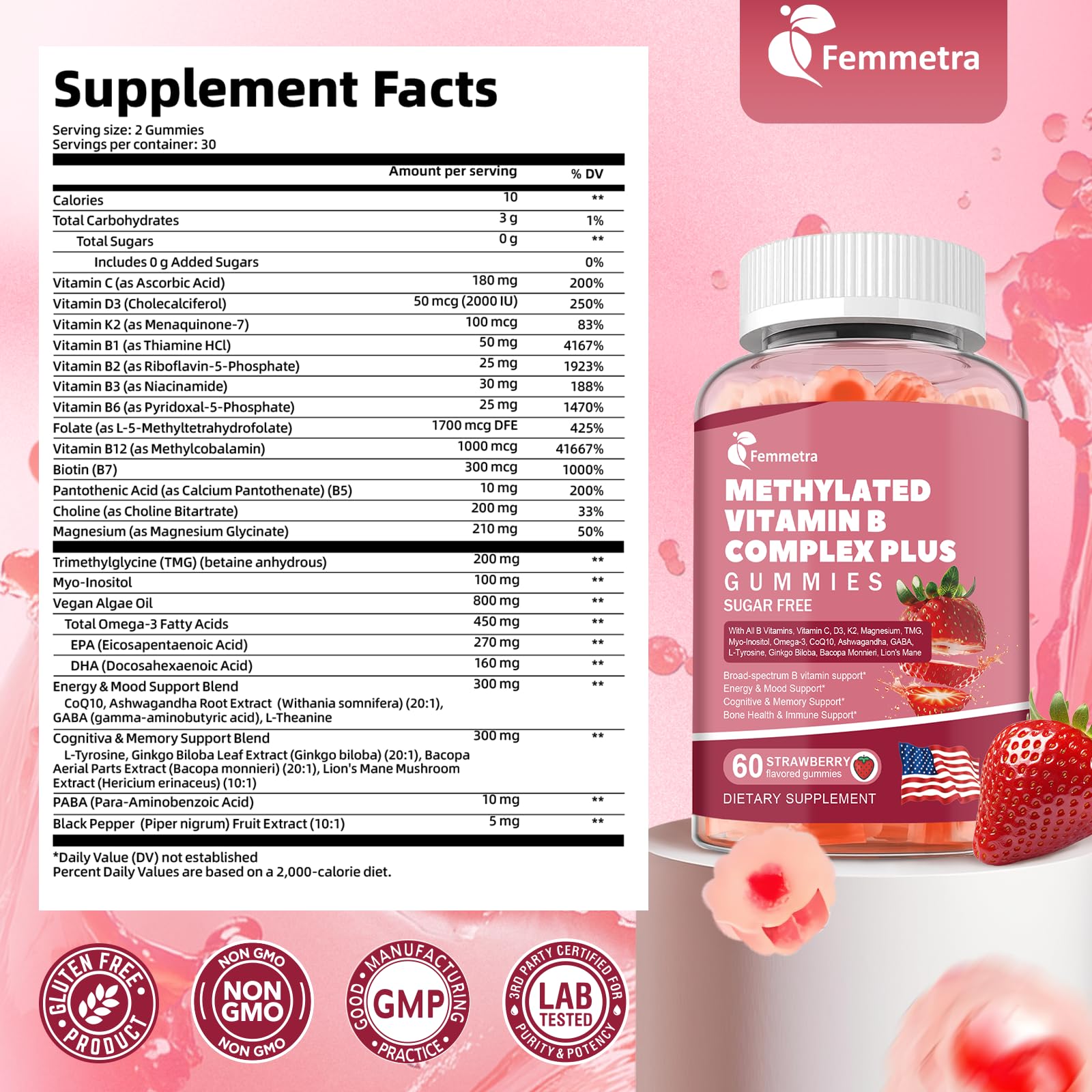 Femmetra Ultra B Complex, gominas en mano con sabor a fresa para uso diario.