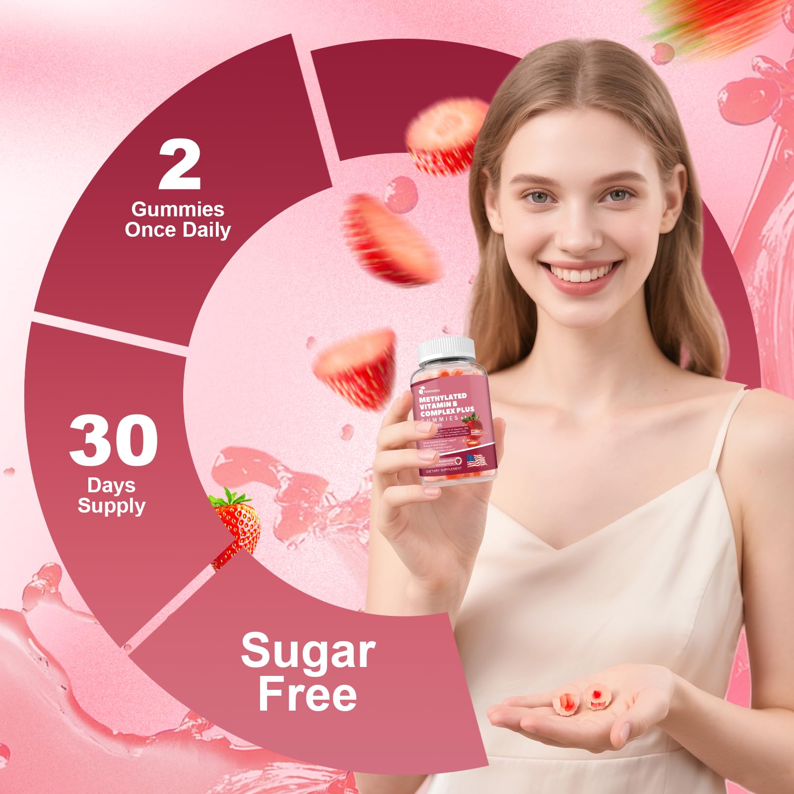 Femmetra Ultra B Complex, certificado sin azúcar y apto para veganos.