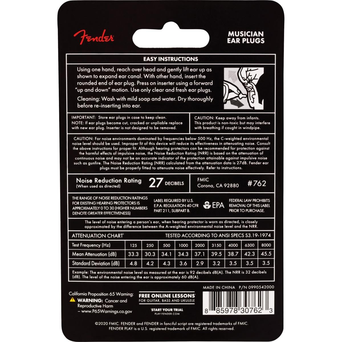 Fender Serie Musico tapones para oidos negro, reducción de ruido de 22 dB para conciertos