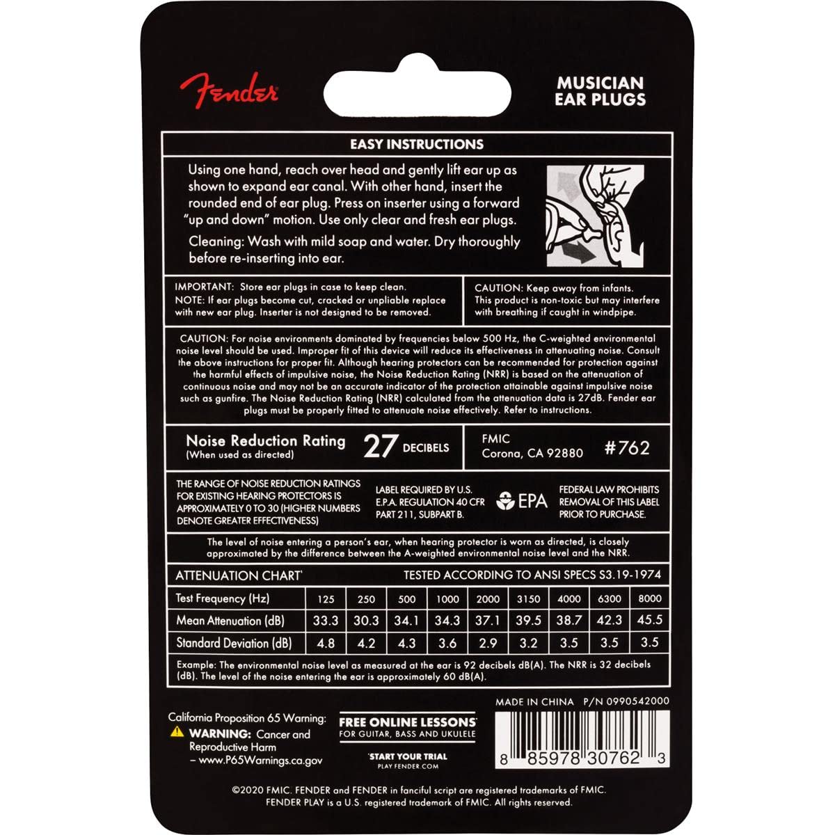 Fender Serie Musico tapones para oidos negro, protección auditiva para músicos en vivo